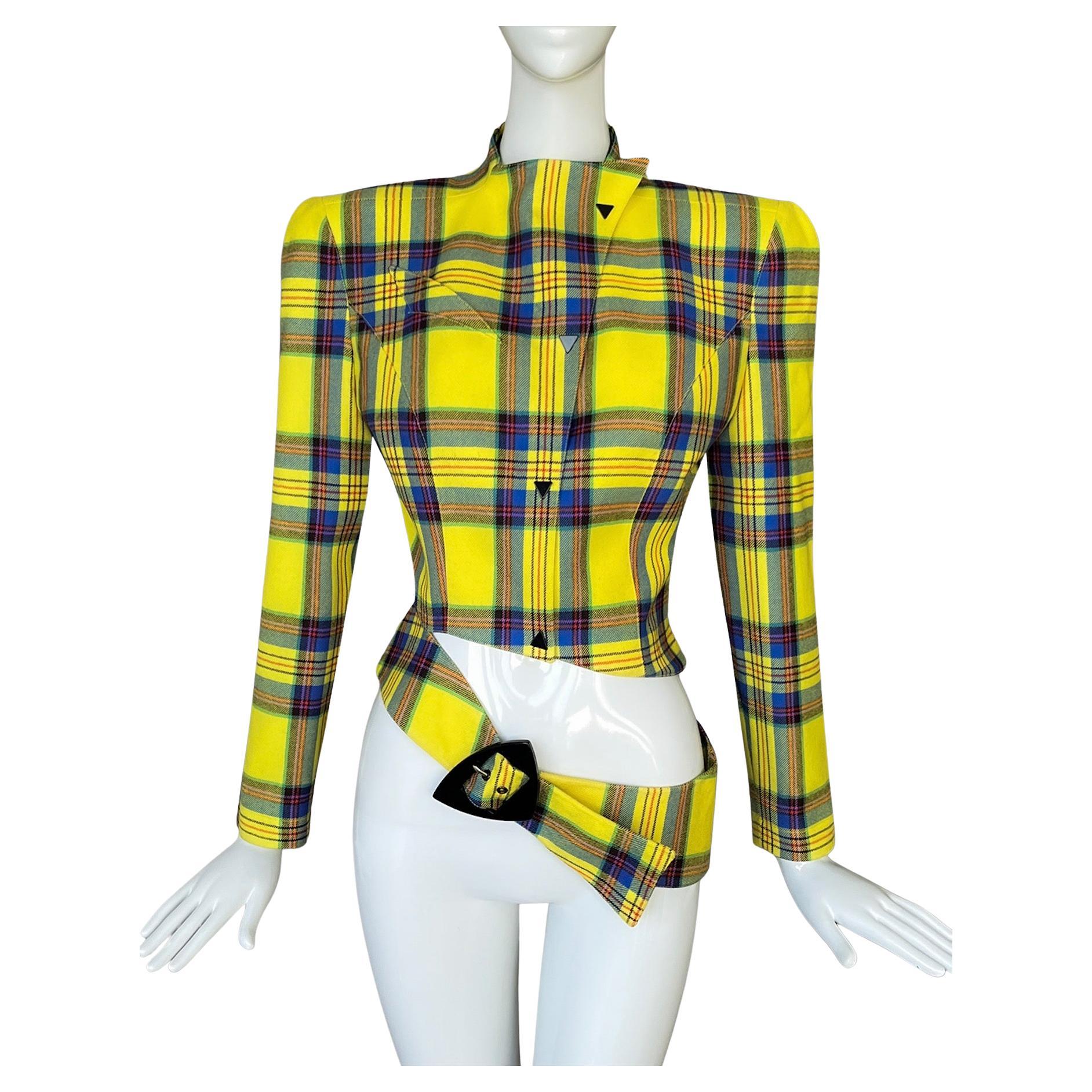 Thierry Mugler FW 1989 Sculptural Iconic Tartan Wool Cropped Jacket