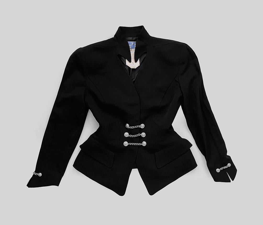 Thierry Mugler FW 1990 Sculptural Dramatic Silhouette Jacket Black Metal Chain For Sale 6