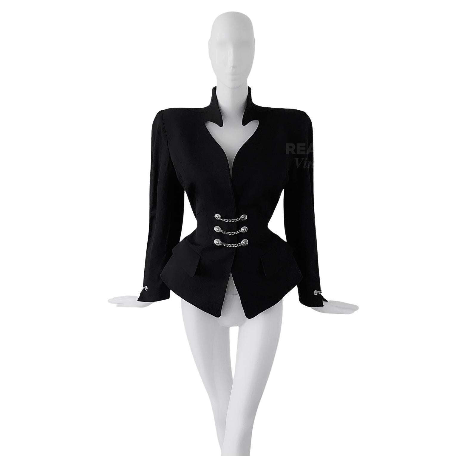 Thierry Mugler FW 1990 Sculptural Dramatic Silhouette Jacket Black Metal Chain  7