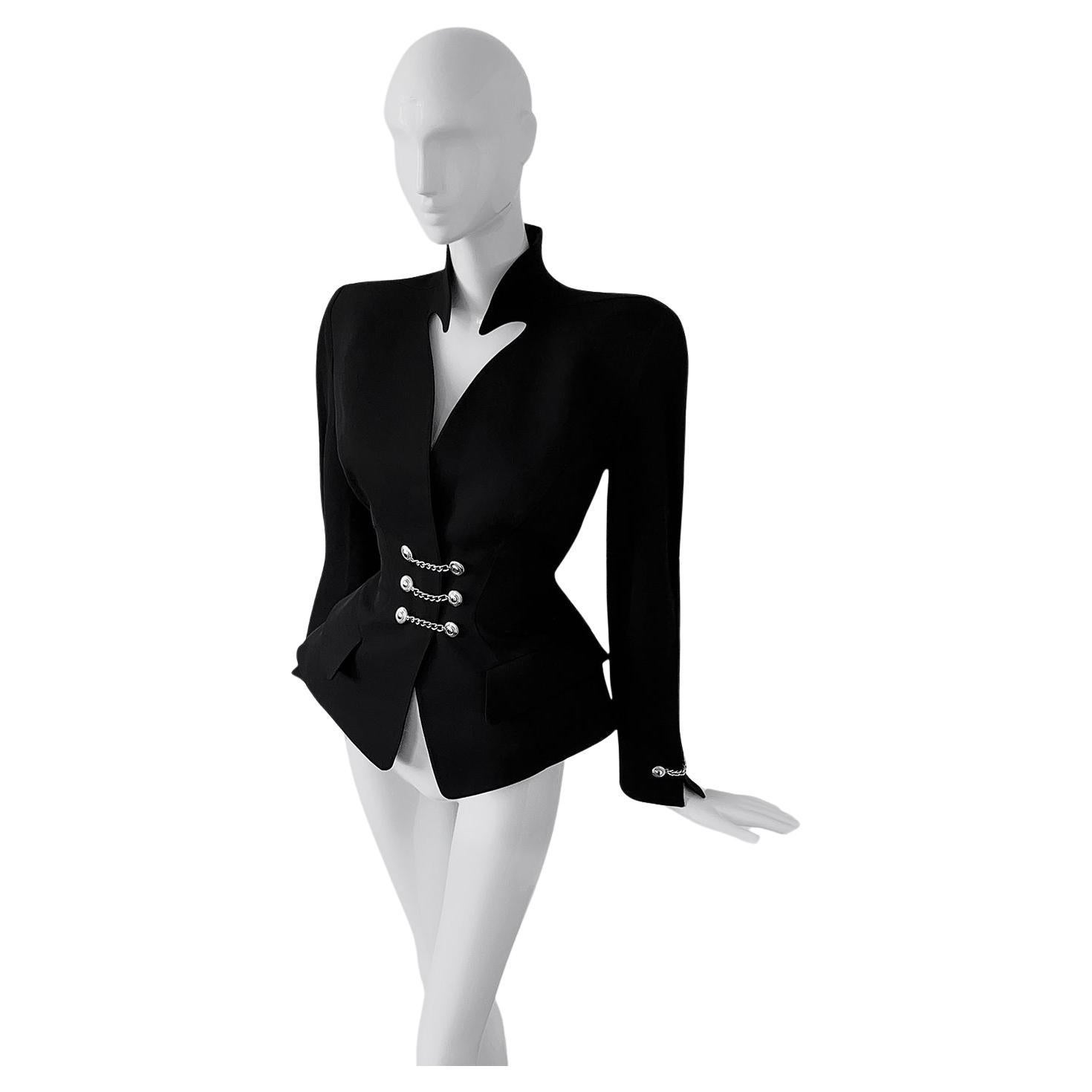 Thierry Mugler FW 1990 Sculptural Dramatic Silhouette Jacket Black Metal Chain For Sale