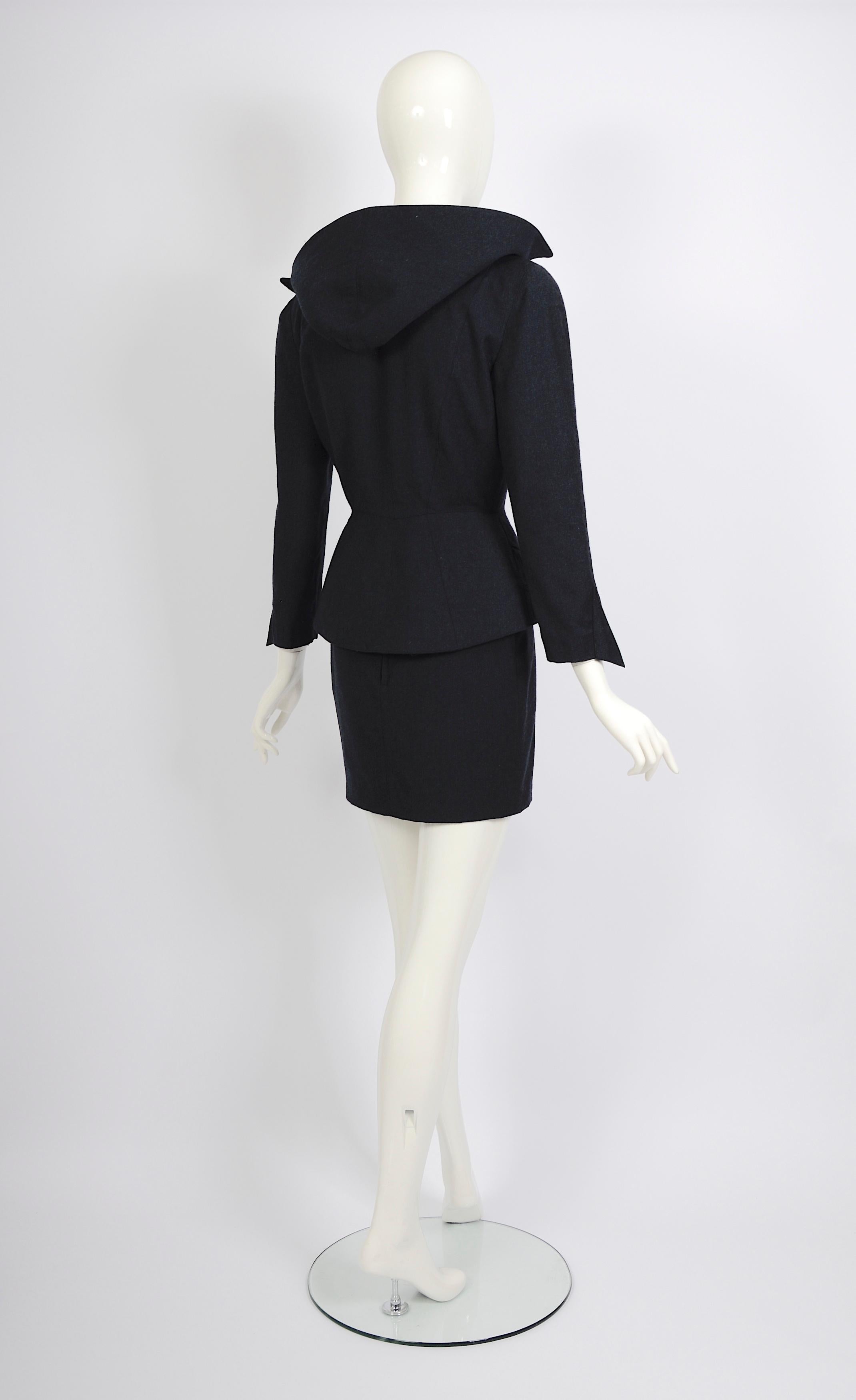 Thierry Mugler FW 1991 shiva collection blue wool hooded jacket & skirt set  For Sale 6