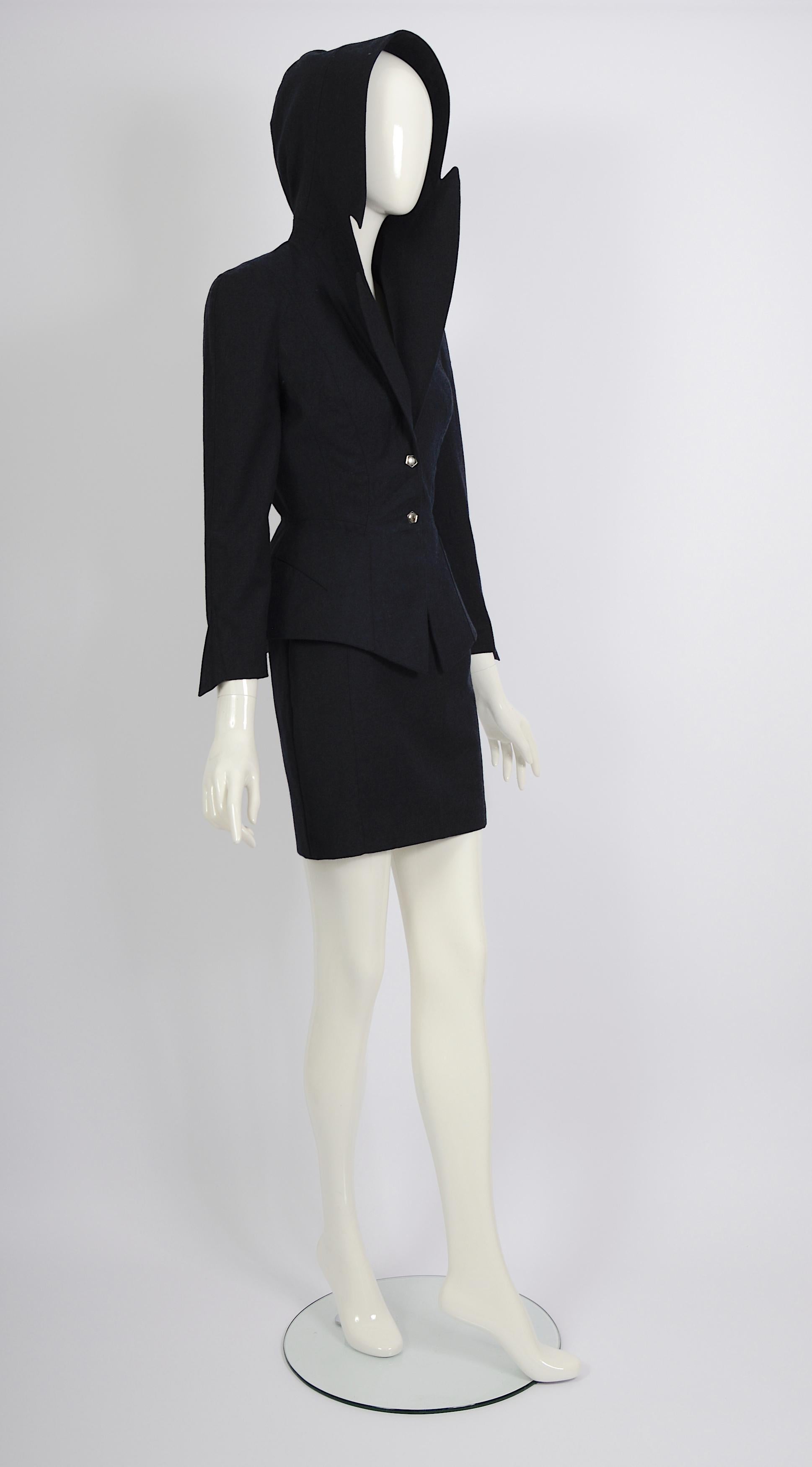 Thierry Mugler FW 1991 shiva collection blue wool hooded jacket & skirt set  For Sale 9