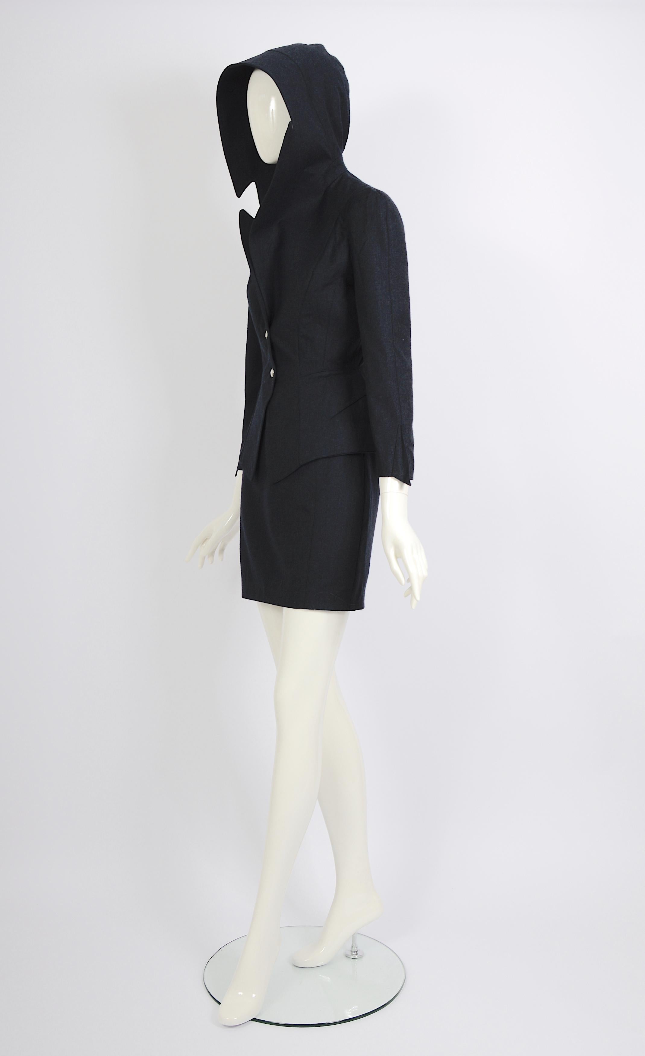 Women's Thierry Mugler FW 1991 shiva collection blue wool hooded jacket & skirt set  For Sale