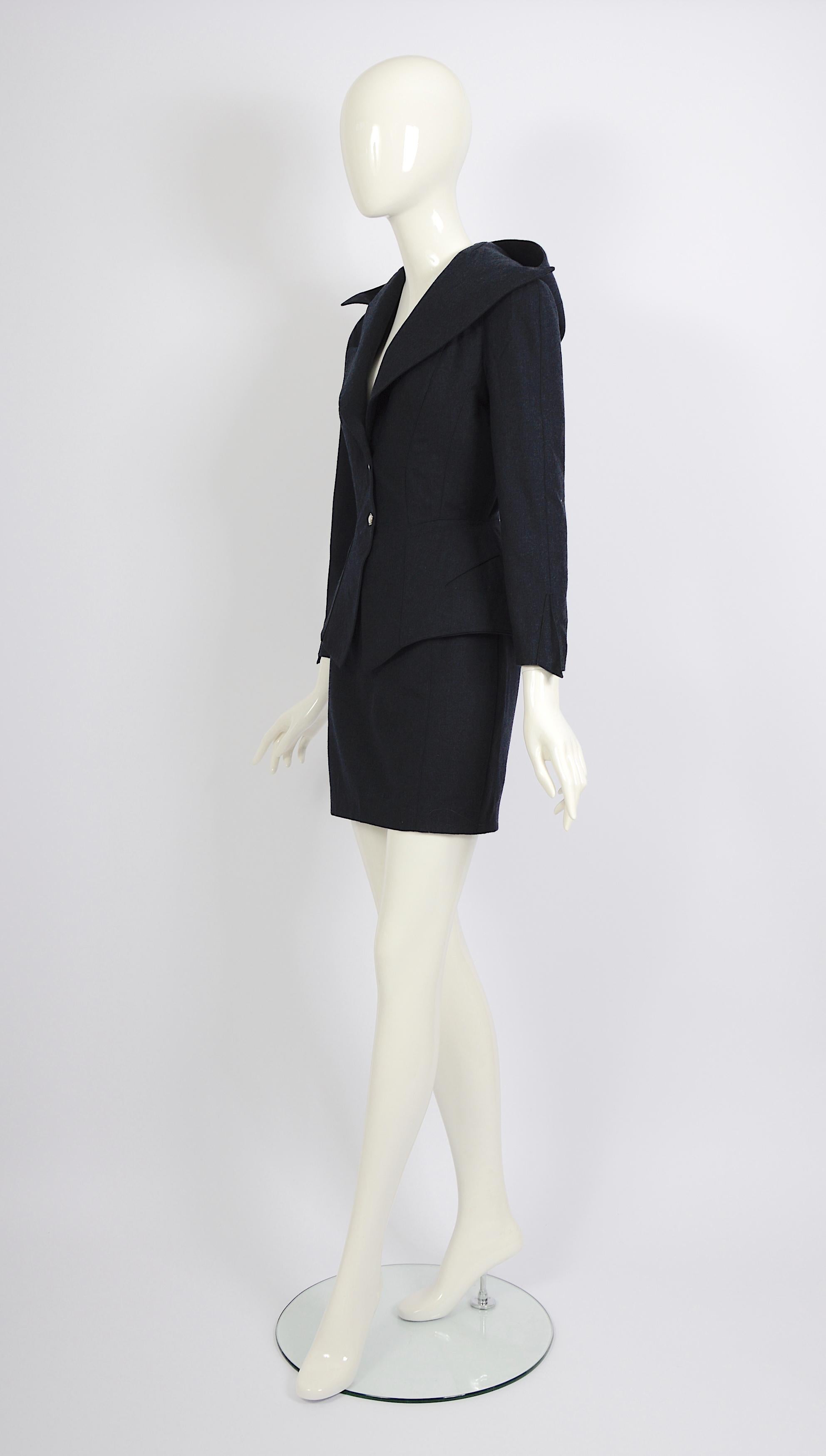 Thierry Mugler FW 1991 shiva collection blue wool hooded jacket & skirt set  For Sale 1