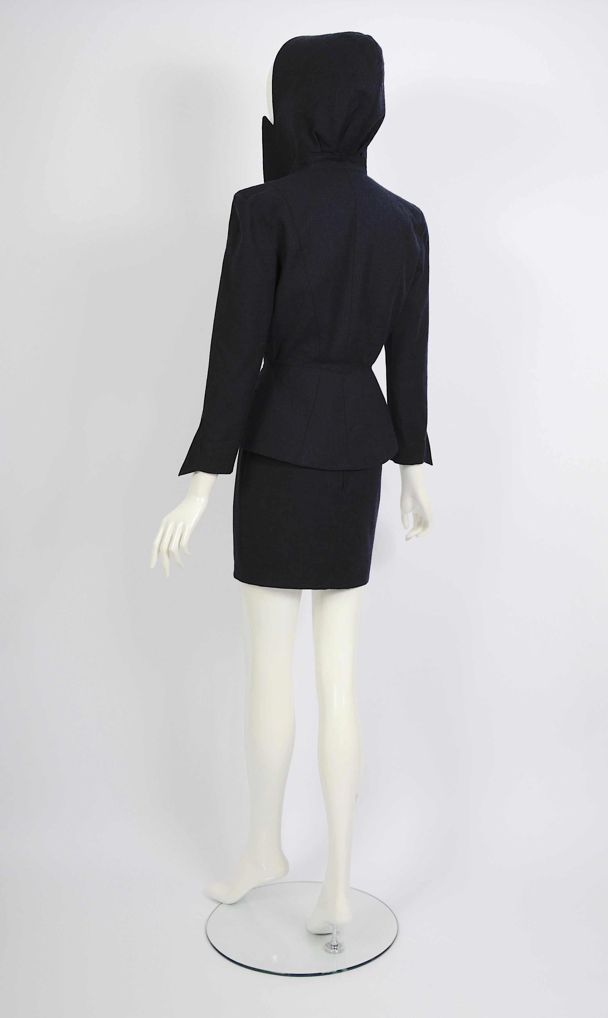 Thierry Mugler FW 1991 shiva collection blue wool hooded jacket & skirt set  For Sale 4
