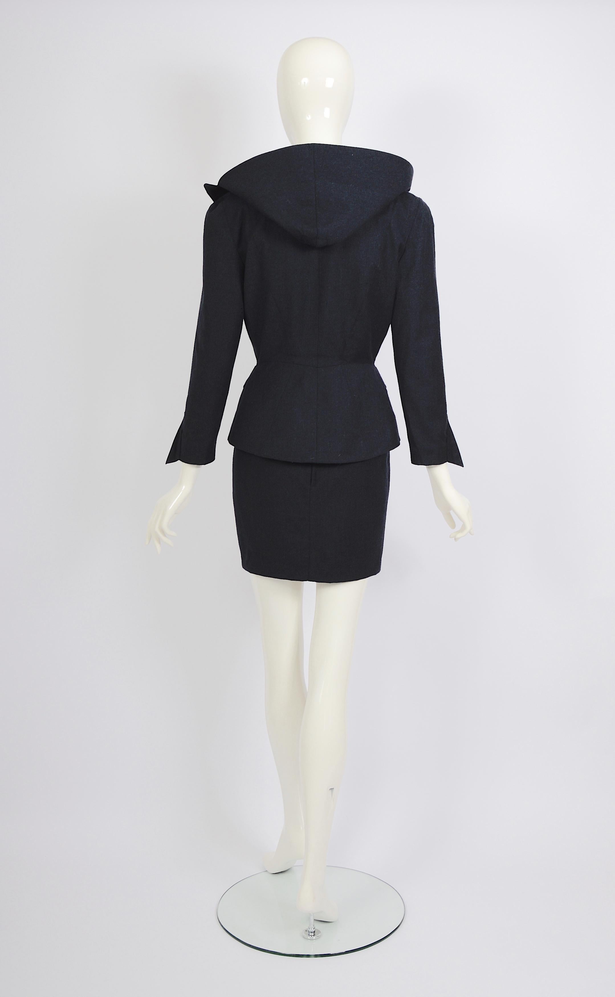 Thierry Mugler FW 1991 shiva collection blue wool hooded jacket & skirt set  For Sale 5