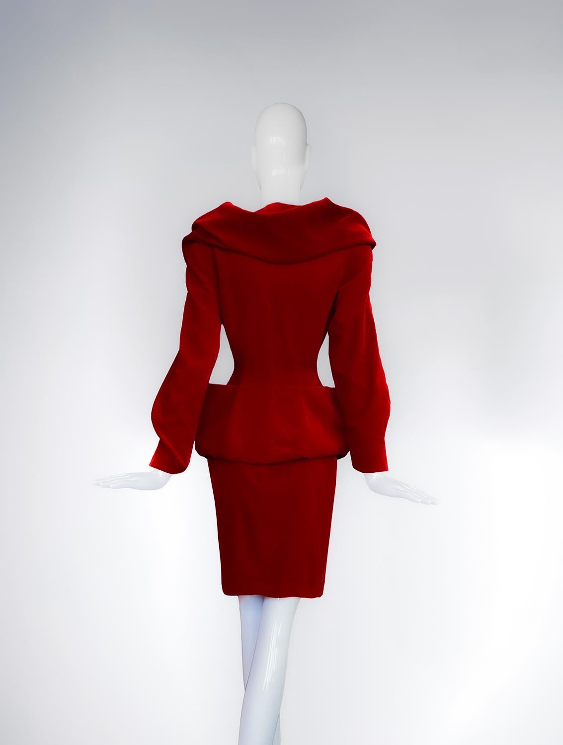 Thierry Mugler FW 1992 Stunning Red Velvet Sculptural Ensemble 2
