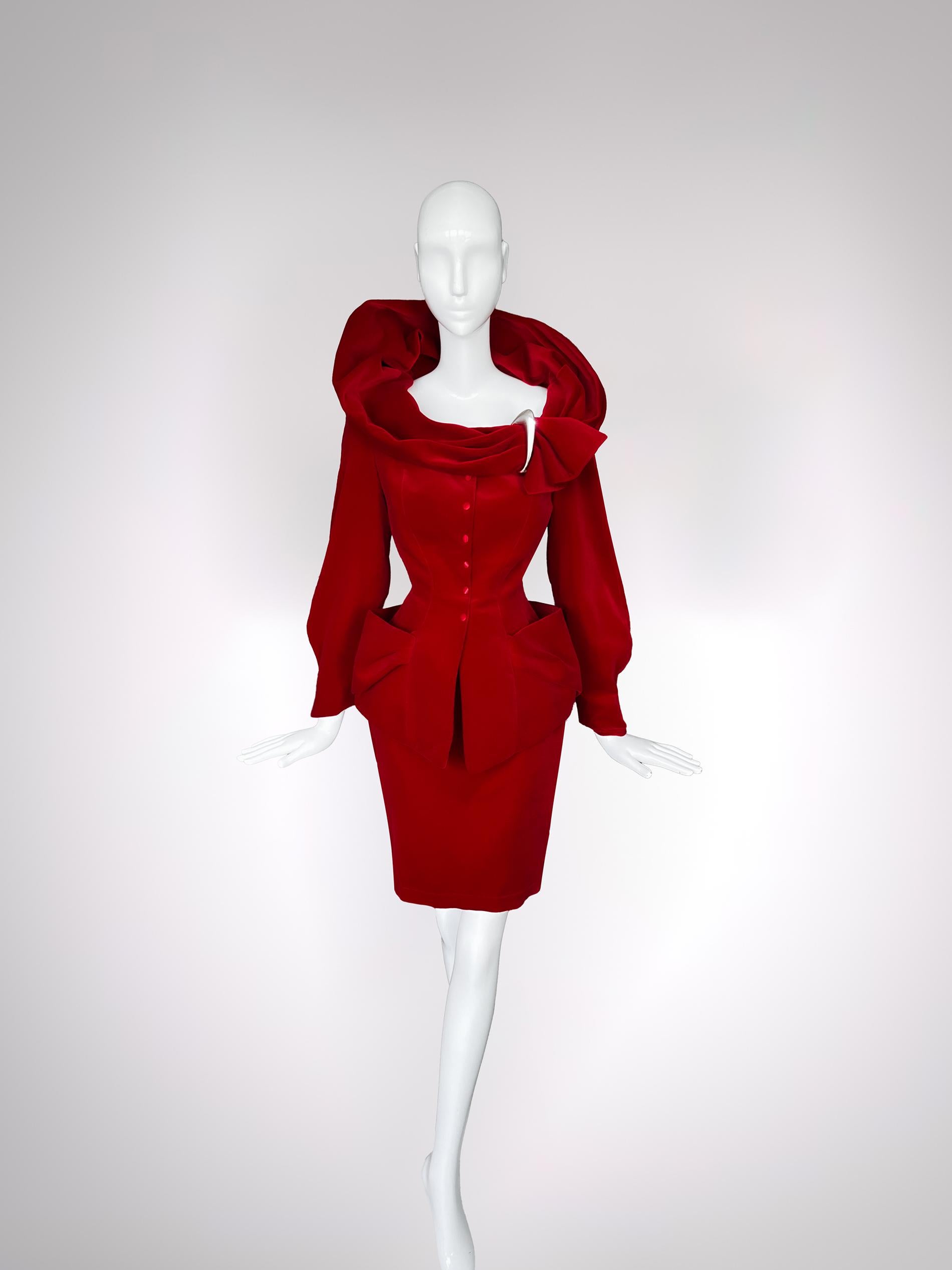 Thierry Mugler FW 1992 Stunning Red Velvet Sculptural Ensemble 3