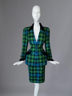 Thierry Mugler FW 1993 Hiver Capitons Tartan Skirt Suit Green Ensemble