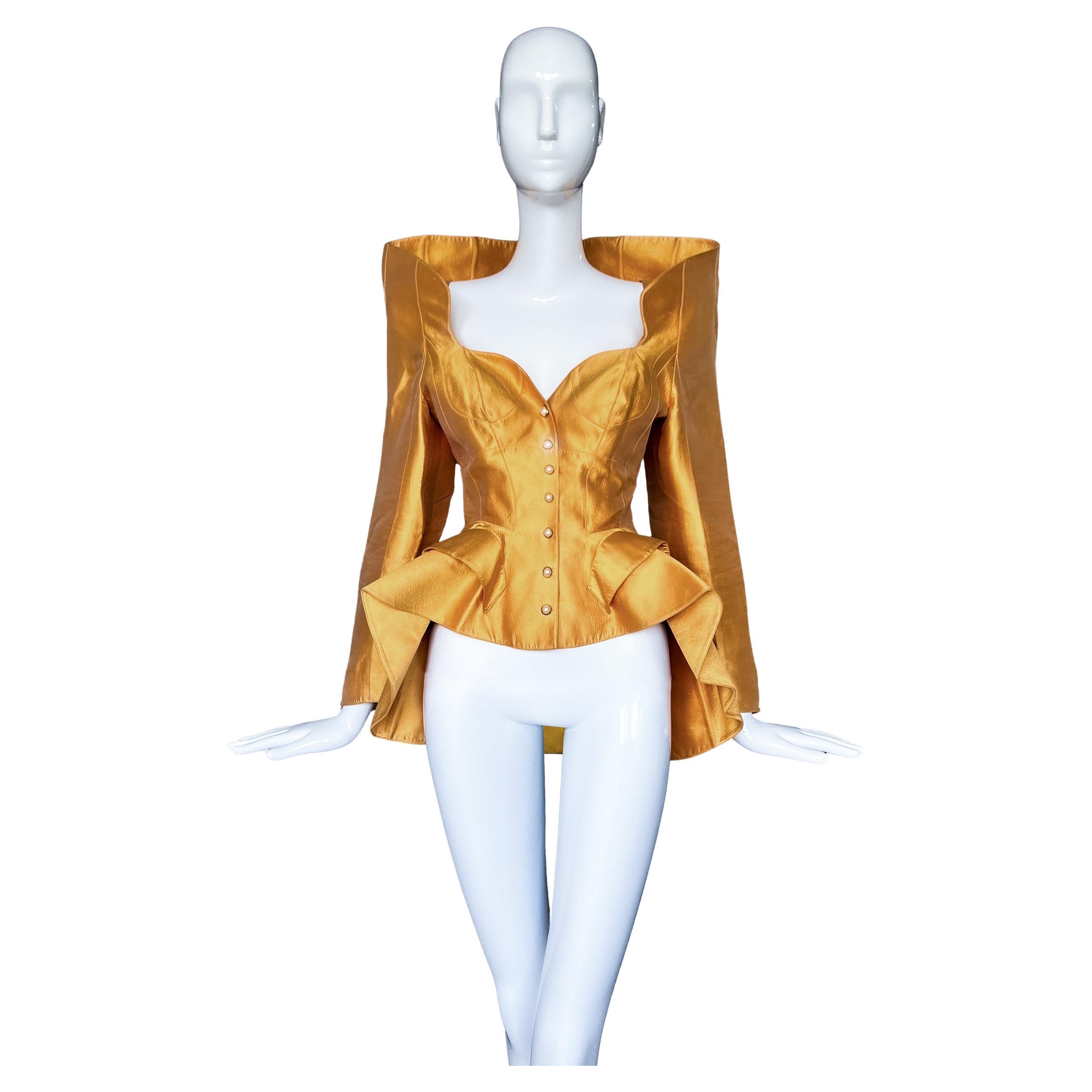 Thierry Mugler FW 1995 Gold Silk Runway Jacket seen on Kate Moss For Sale