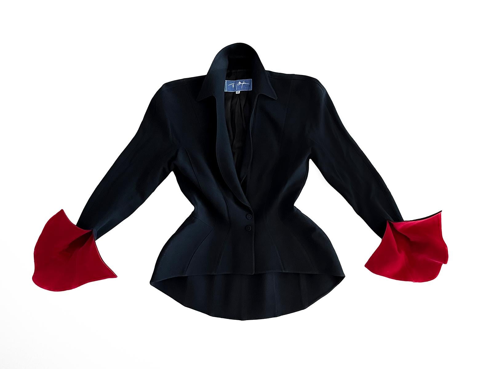 Thierry Mugler FW 1997 Black Jacket with Dramatic Red Velvet Sleeves For Sale 4