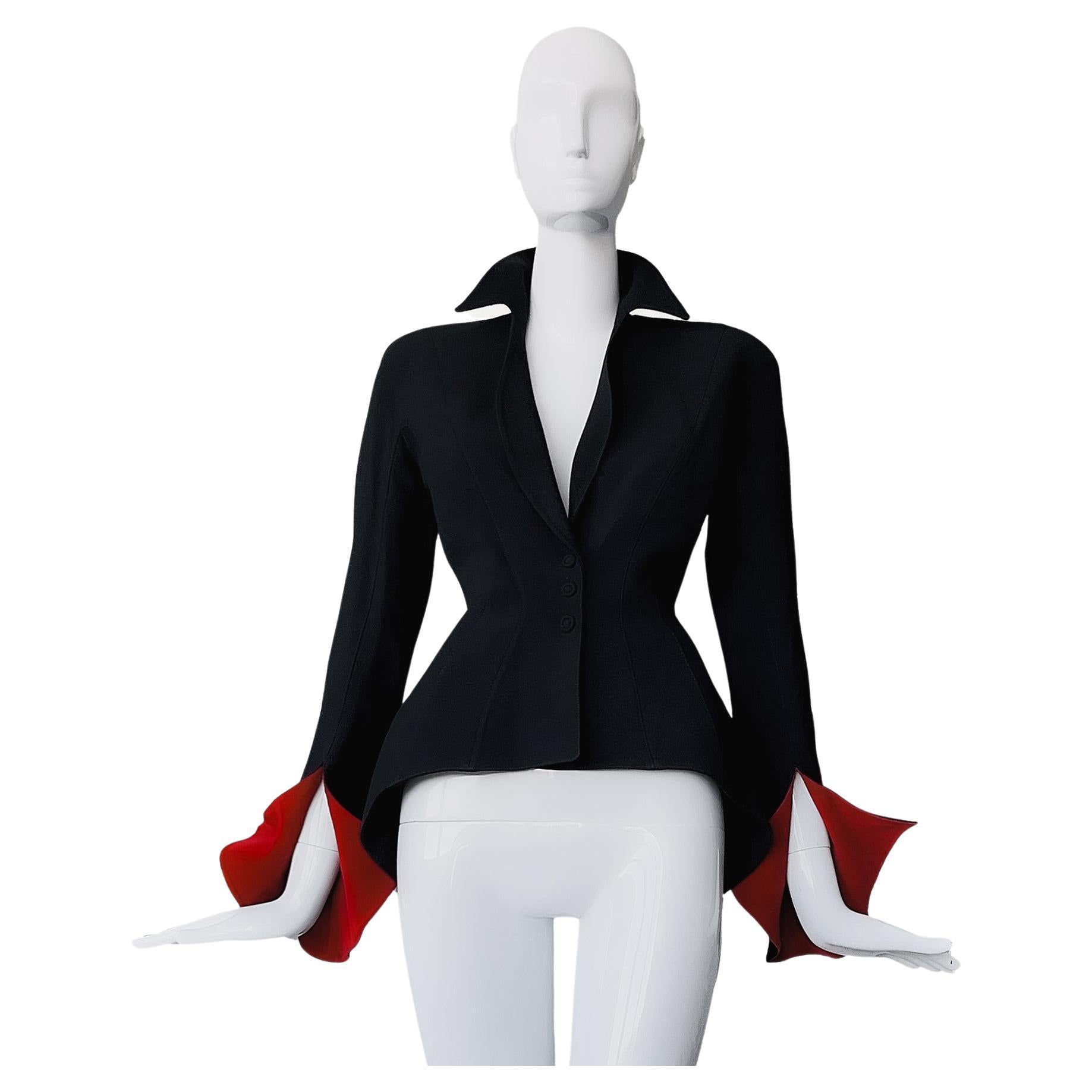 Thierry Mugler FW 1997 Black Jacket with Dramatic Red Velvet Sleeves For Sale