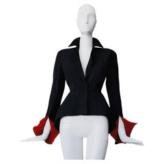 Thierry Mugler FW 1997 Black Jacket with Dramatic Red Velvet Sleeves