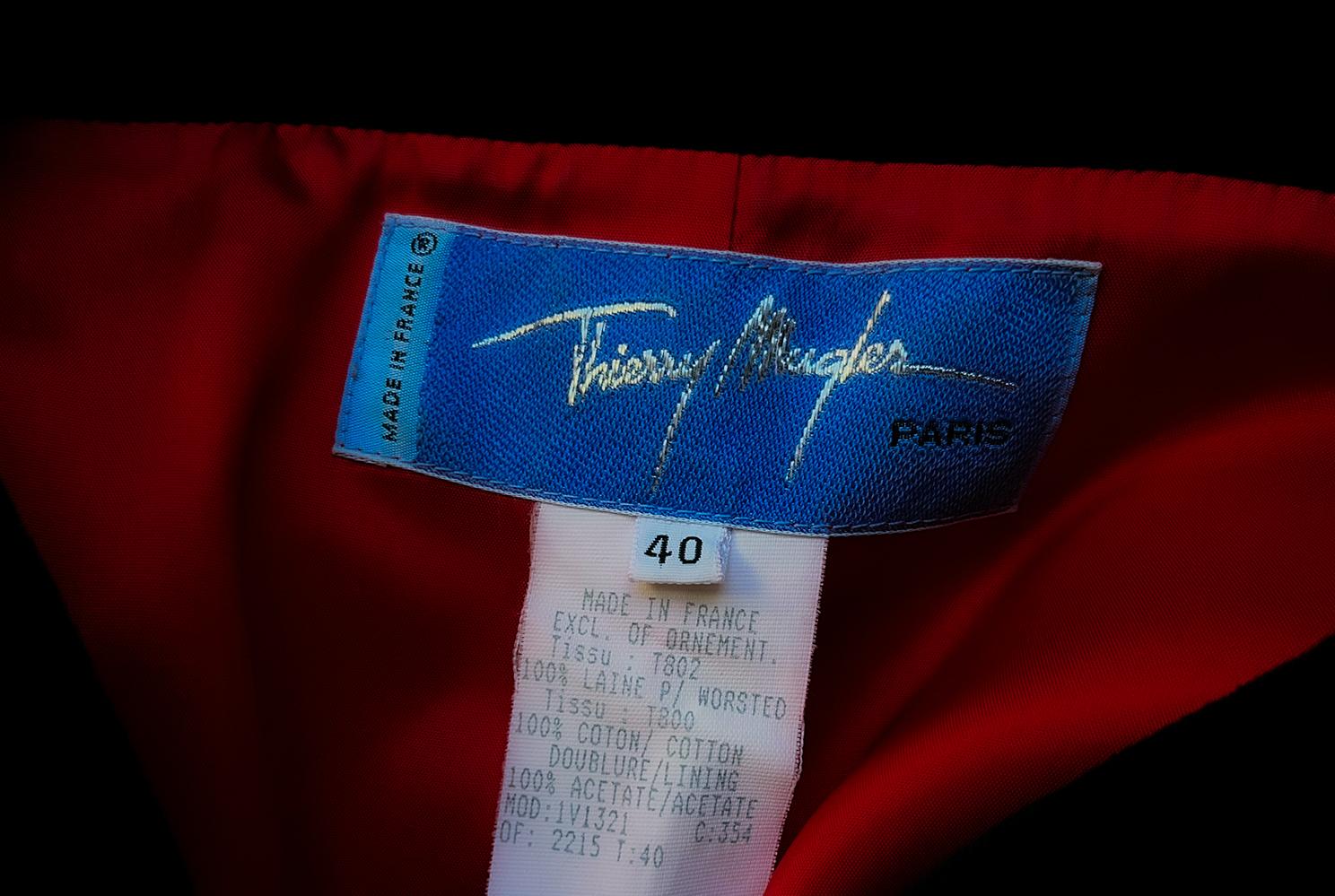 Women's Thierry Mugler FW 1998/99 Suit Dramatic Deep V-Neck Jacket and Skirt Red Black