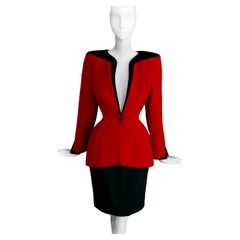 Thierry Mugler FW 1998/99 Suit Dramatic Deep V-Neck Jacket and Skirt Red Black 