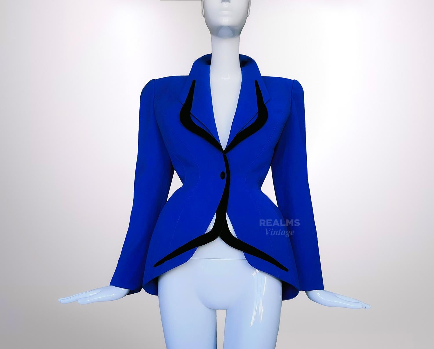 Thierry Mugler FW 1998 Blue Jacket with Dramatic Black Velvet Details For Sale 2