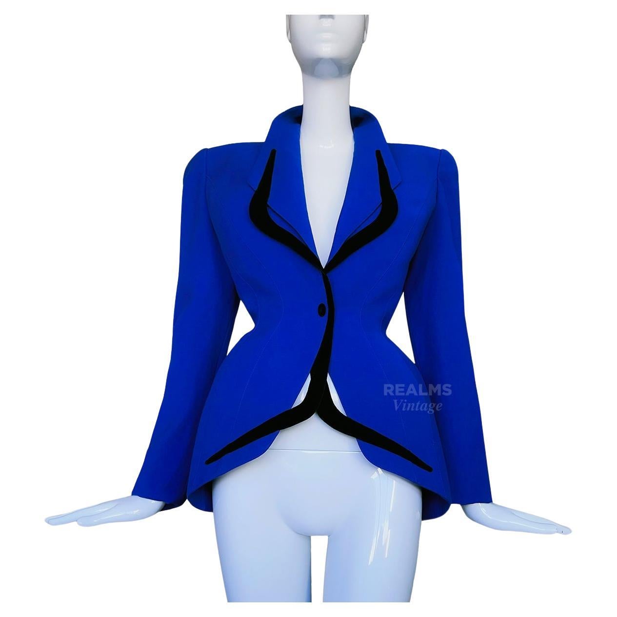 Thierry Mugler FW 1998 Blue Jacket with Dramatic Black Velvet Details For Sale