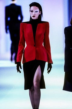 Thierry Mugler FW 1998 Red Suit Dramatic Deep V-Neck Jacket Skirt Black Velvet
