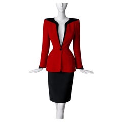 Thierry Mugler FW 1998 Red Suit Dramatic Deep V-Neck Jacket Skirt Black Velvet