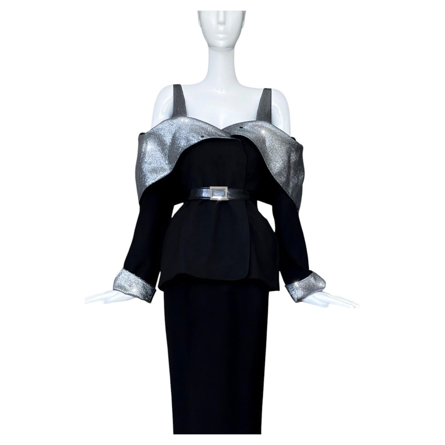 Thierry Mugler FW 2000 LES CHATS Silver Metallic Sculptural Skirt Suit For Sale