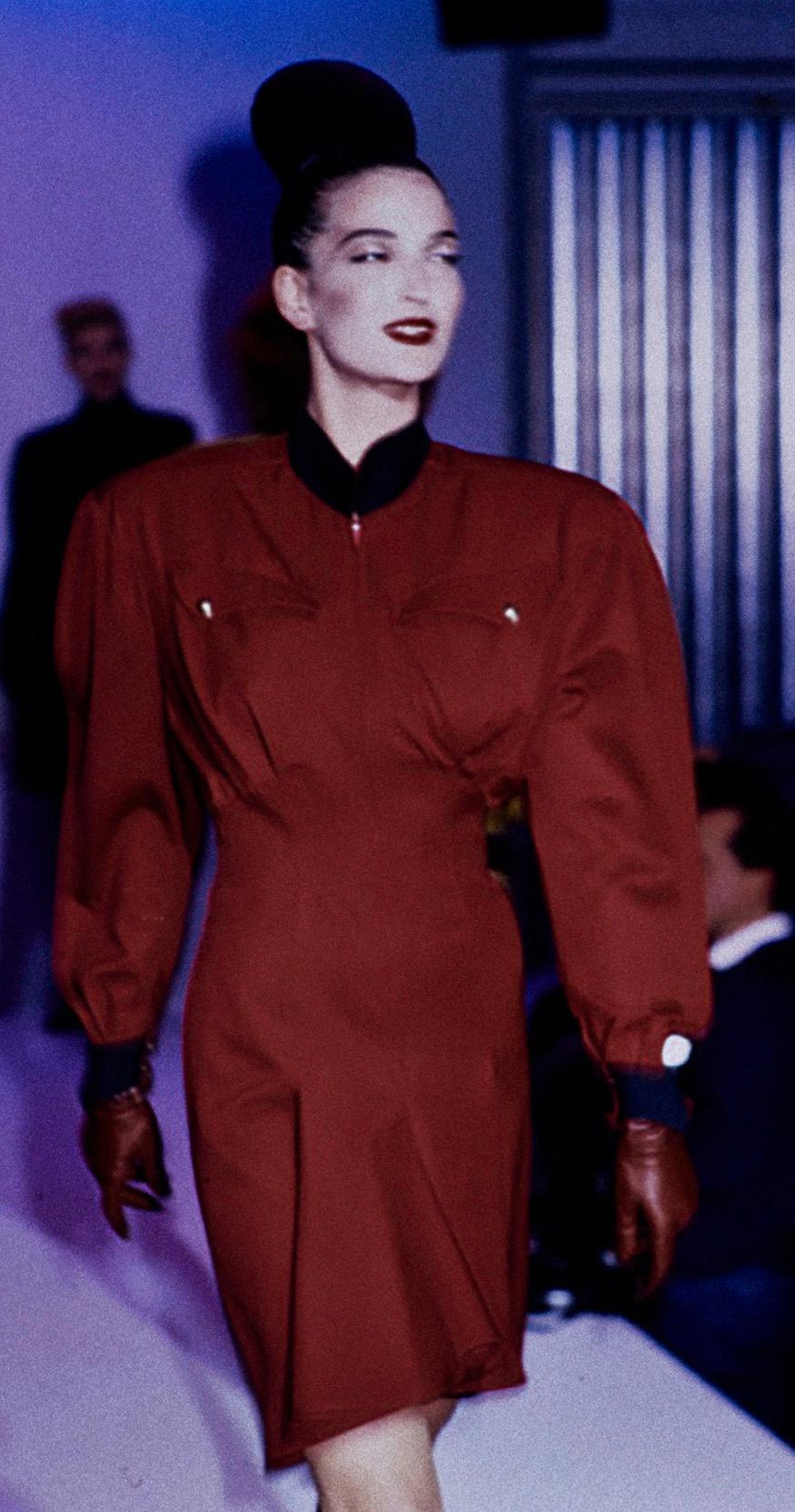 Museum worthy piece of Fashion History

Thierry Mugler FW1986 Collection, documented on the iconic Runway Show. 
The famous ‘Les Milteuses’ dresses.
Extraordinairy construction of the one and only virtuoso Manfed Thierry Mugler. Hyper feminine