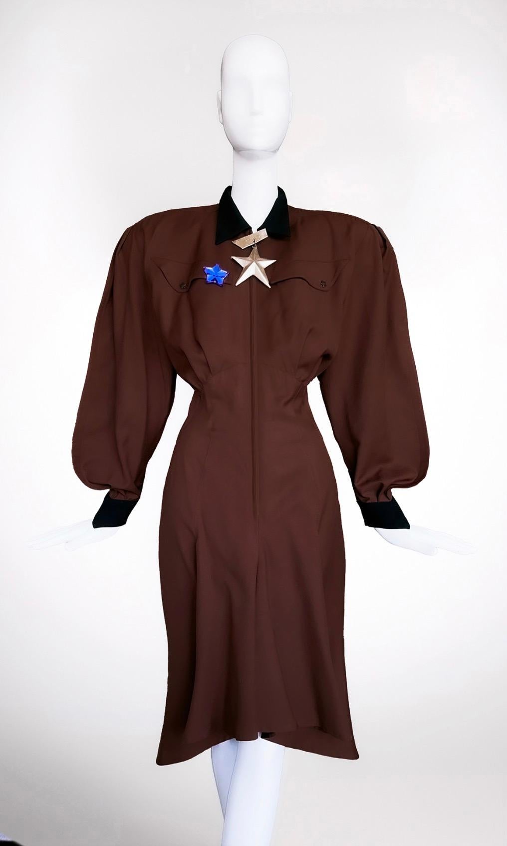 Black Thierry Mugler FW1987 Archival Dramatic Wool Dress For Sale