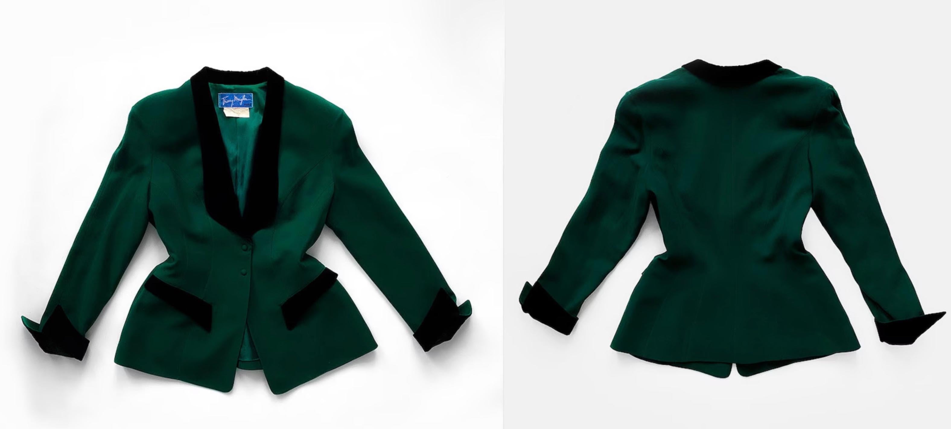 Women's Thierry Mugler FW1992 Runway Blazer Green Wool Black Velvet Rare Dramatic 90s For Sale