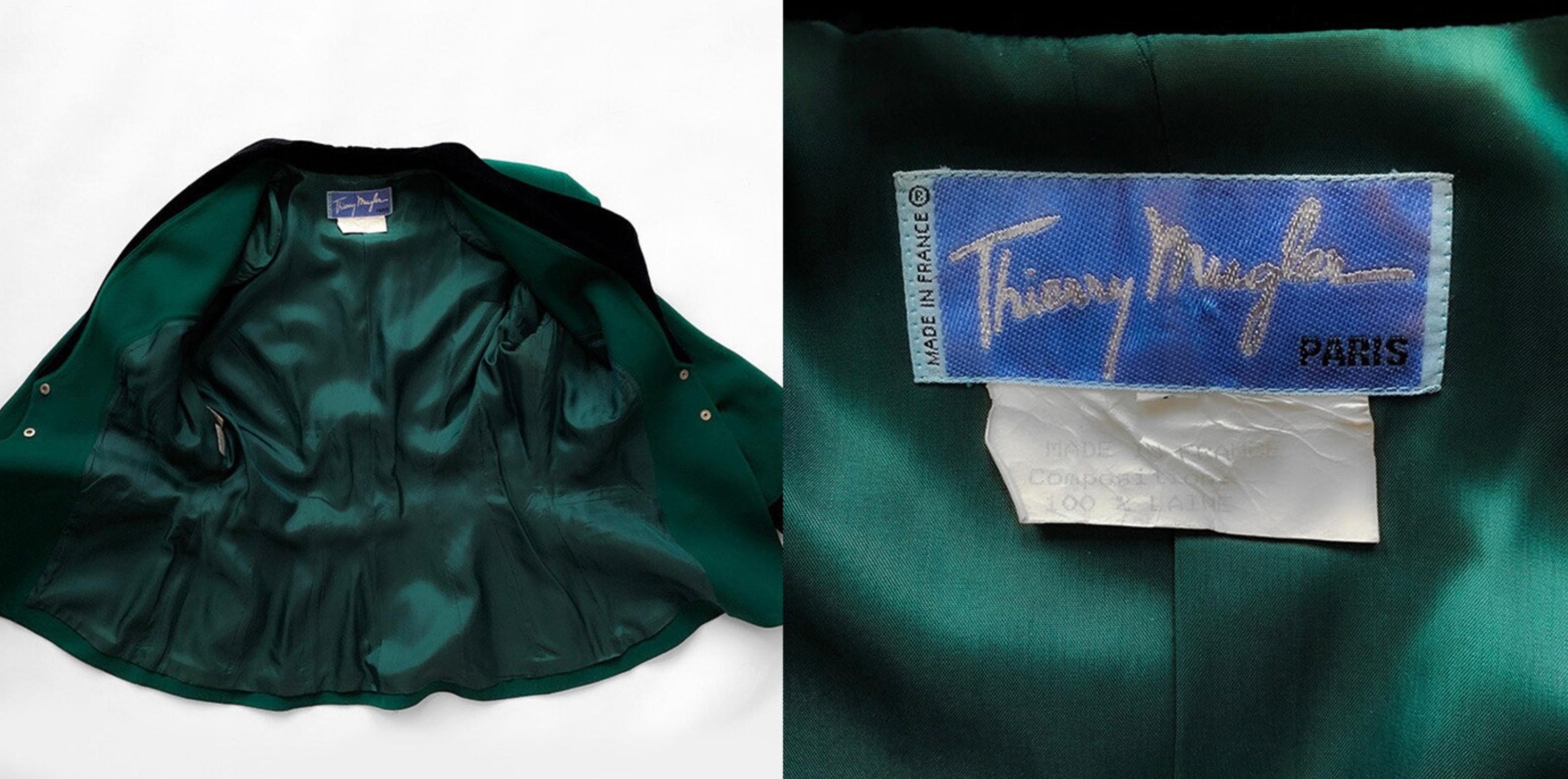 Thierry Mugler FW1992 Runway Blazer Green Wool Black Velvet Rare Dramatic 90s For Sale 1