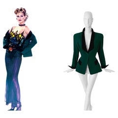 Thierry Mugler H/W 1992 Laufsteg Blazer aus grüner Wolle und schwarzem Samt Seltener dramatischer 90er Jahre