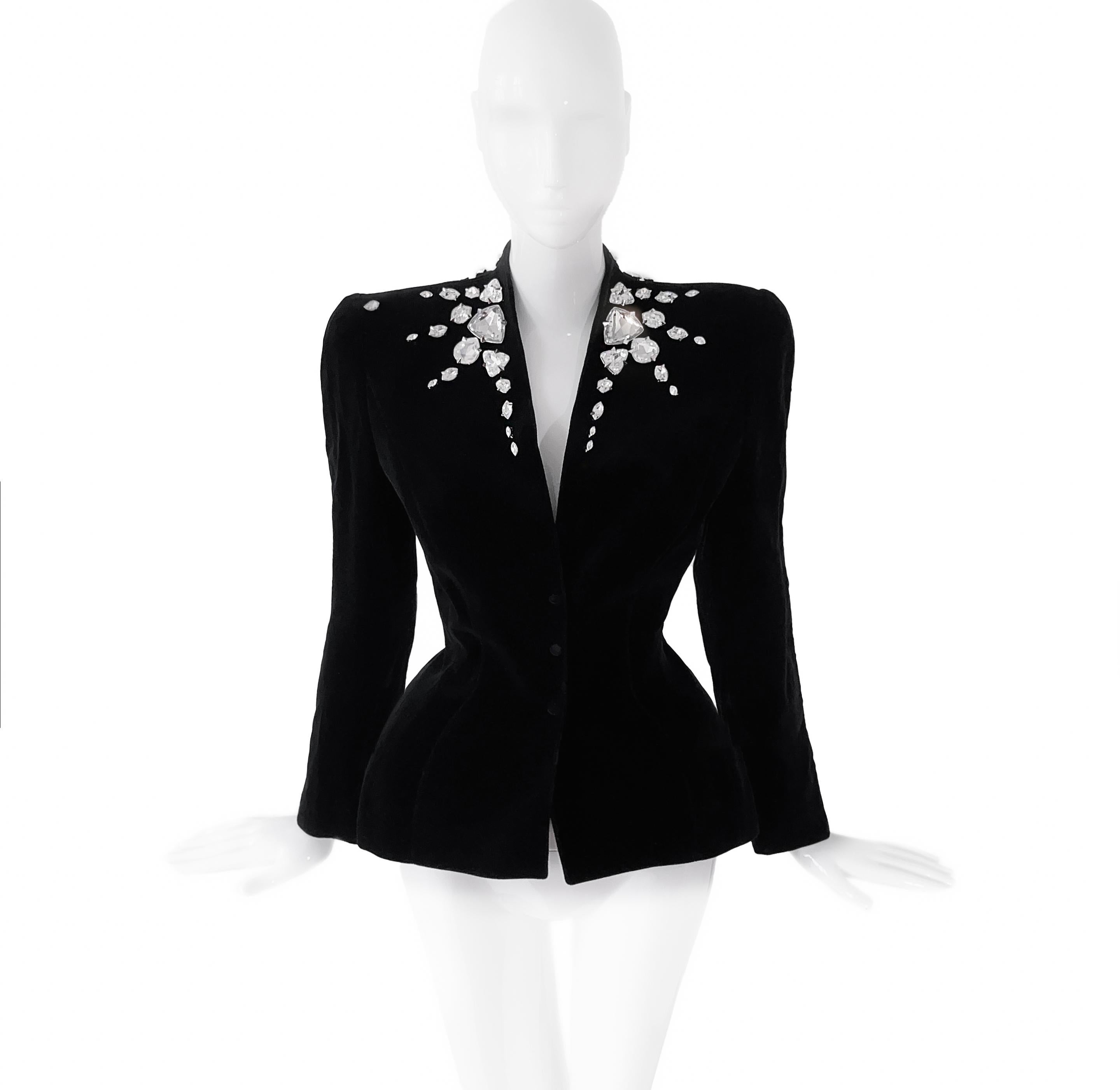 Women's Thierry Mugler GLAM Jacket Crystal Black Velvet Rhinestone FW 1985  For Sale