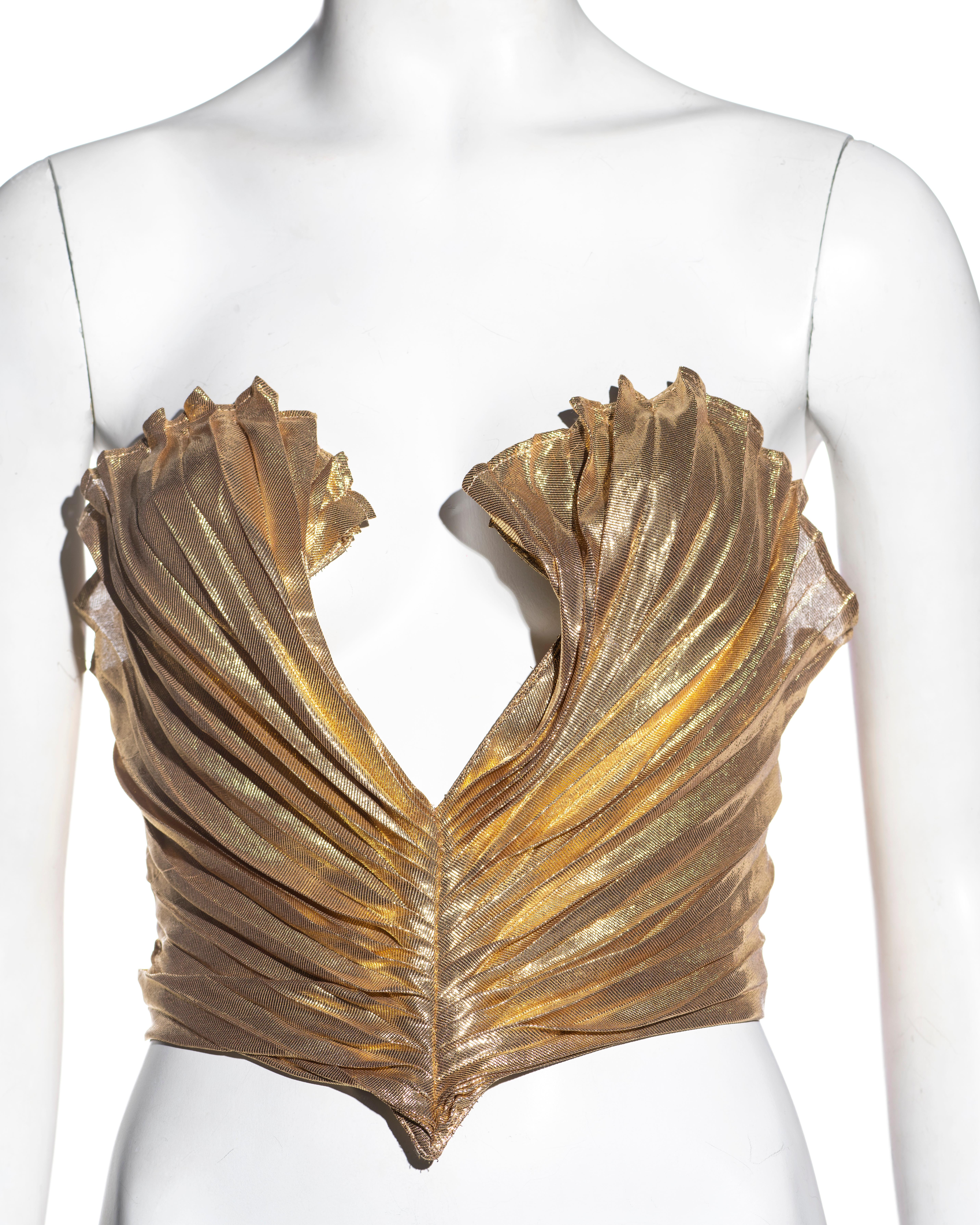 Brown Thierry Mugler gold silk pleated strapless corset, ss 1985