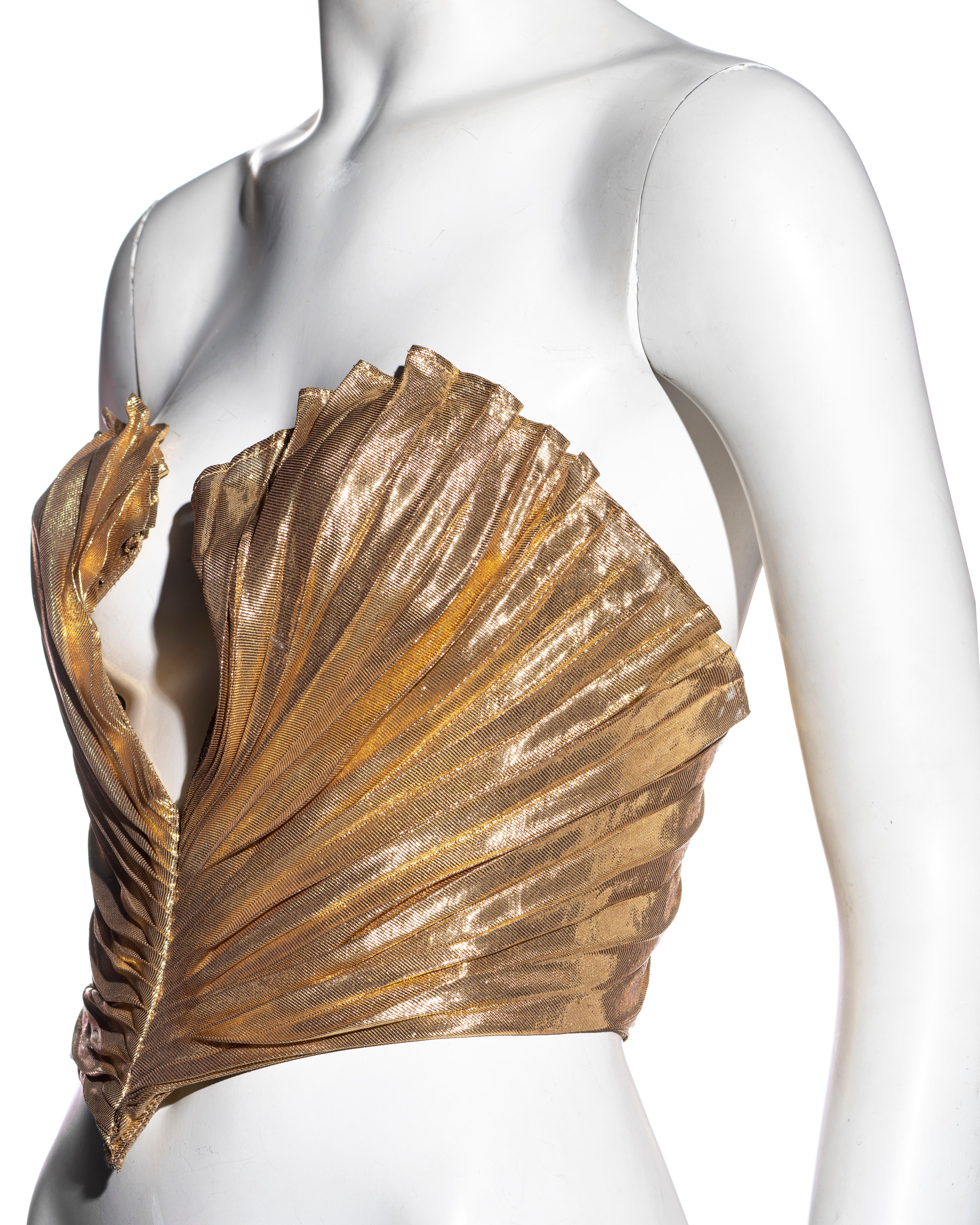 Women's Thierry Mugler gold silk pleated strapless corset, ss 1985