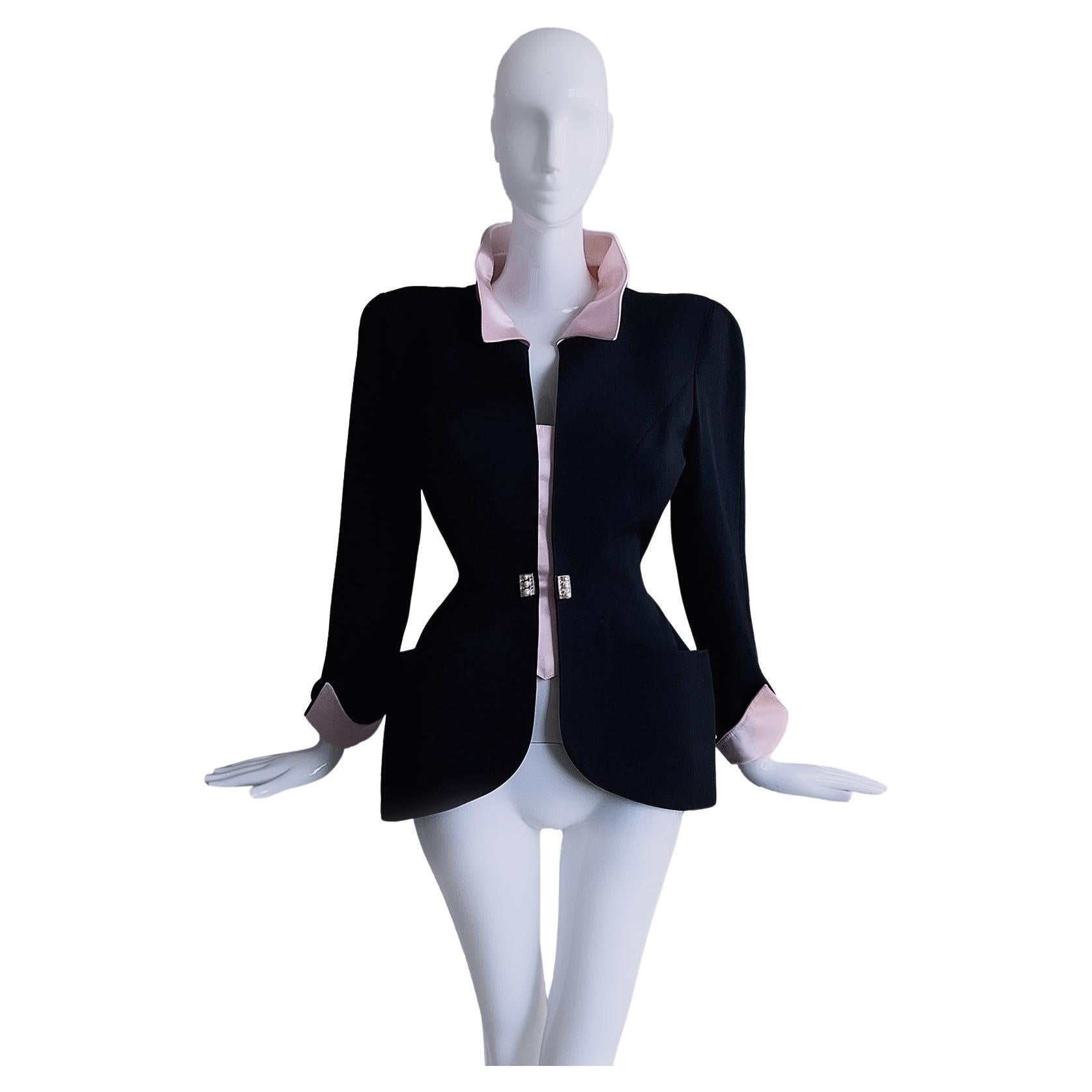 Thierry Mugler Gorgeous Jacket Black Drama Collar Jewel Pearl FW1996 For Sale
