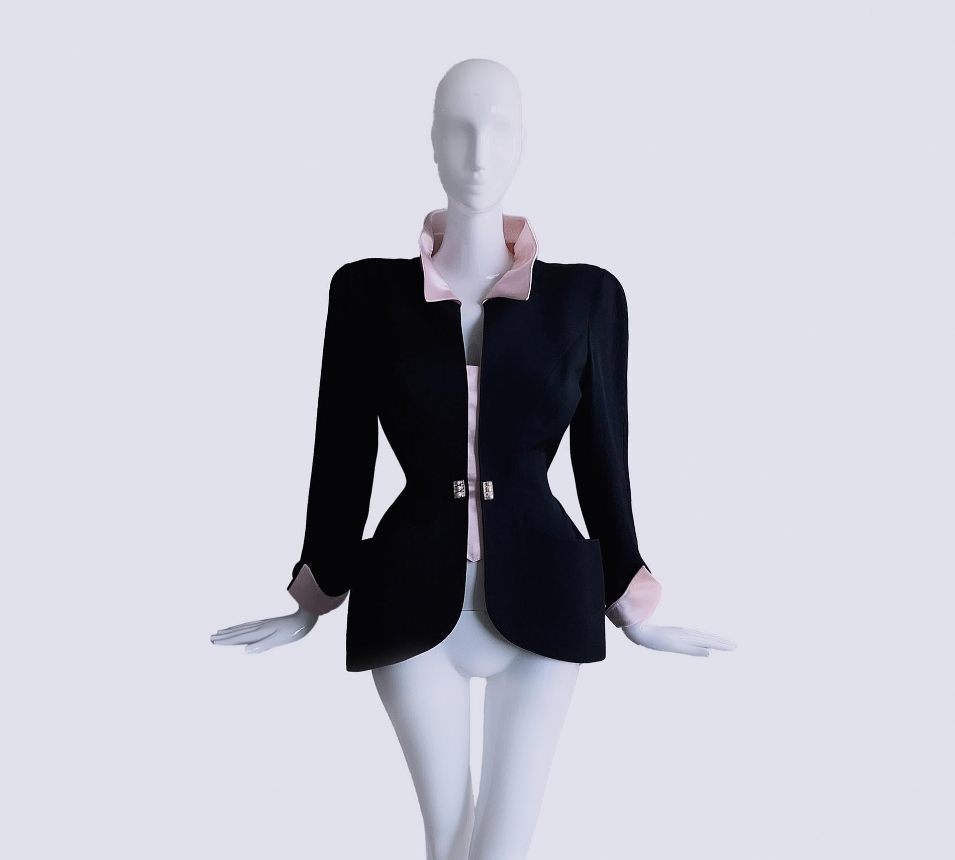 Thierry Mugler Gorgeous Suit Black Drama Collar Jewel Pearl FW 1996 Jacket Skirt For Sale 3