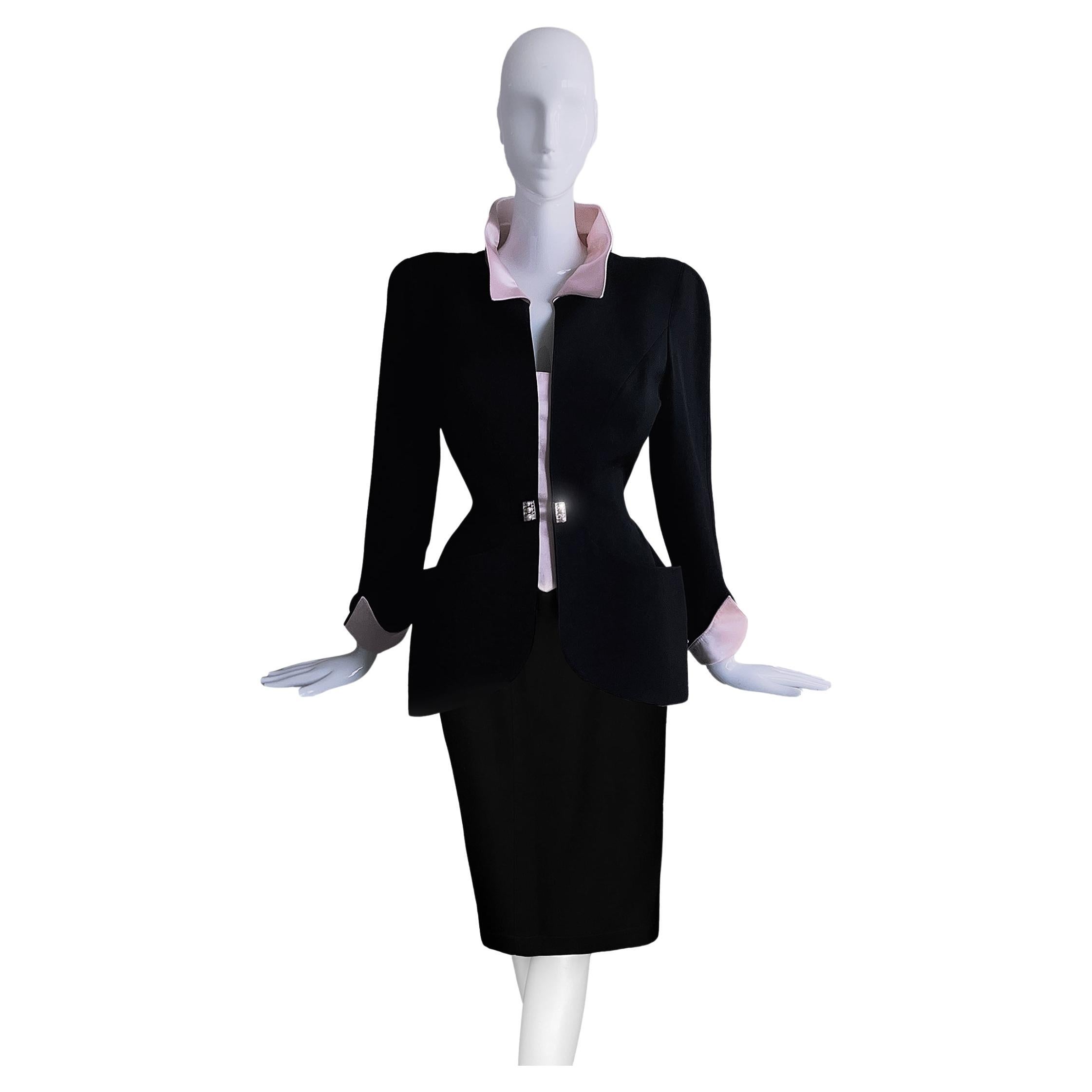 Thierry Mugler Gorgeous Suit Black Drama Collar Jewel Pearl FW 1996 Jacket Skirt For Sale