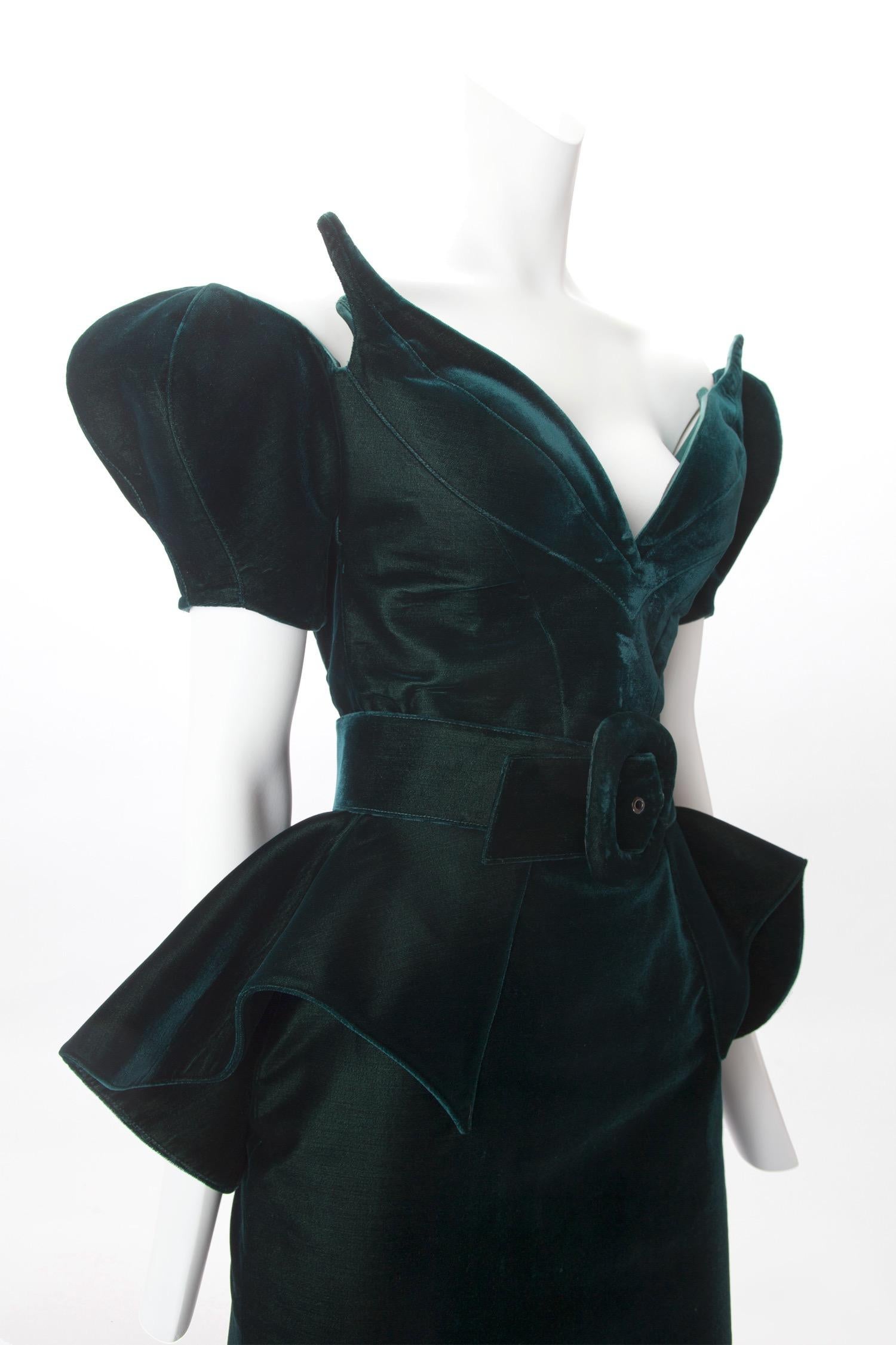 Thierry Mugler Haute Couture Green Velvet Dress with Belt, 
