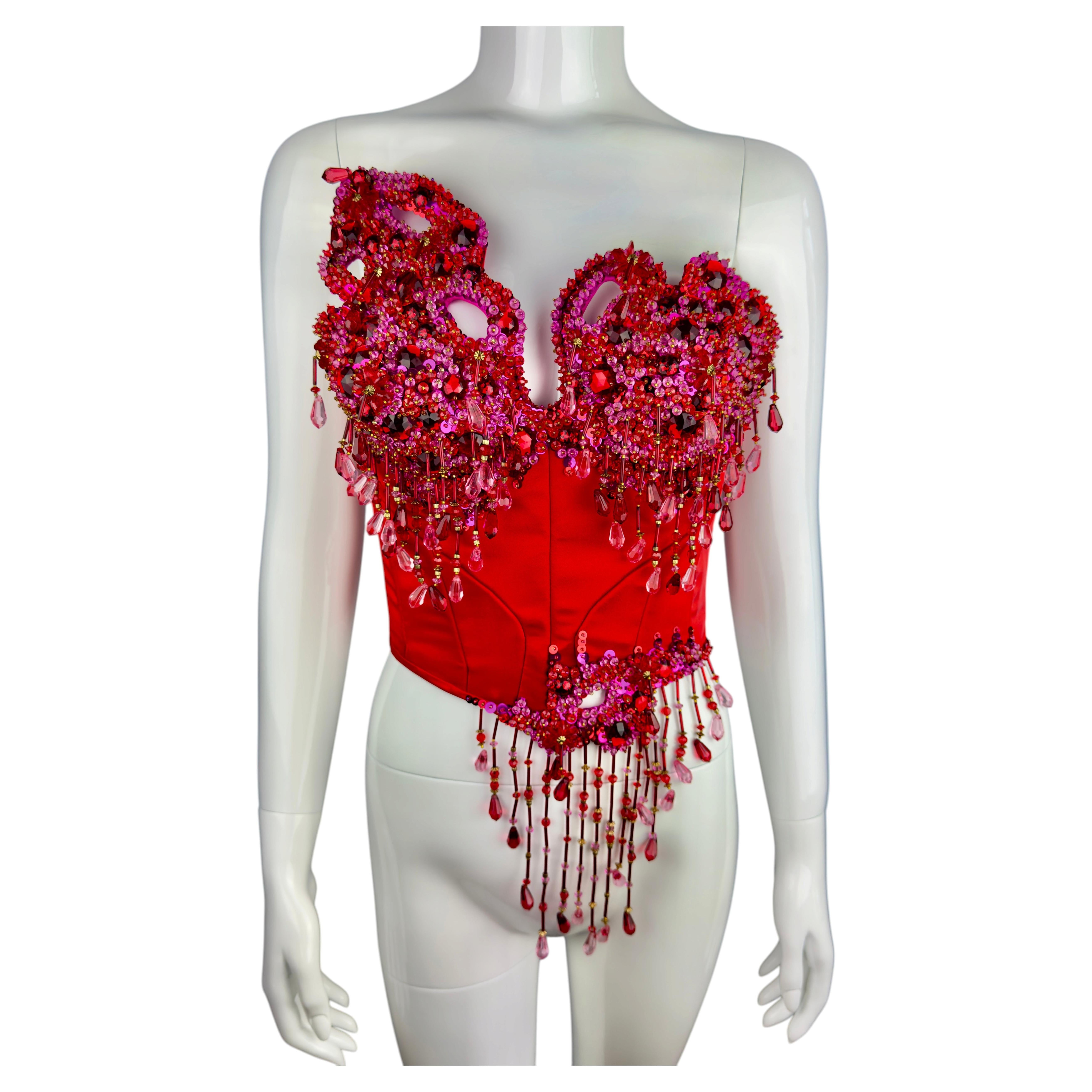 Pre-owned Mugler Thierry  Haute Couture Red Rhinestone Adorned Bustier Corset, Fall 1992