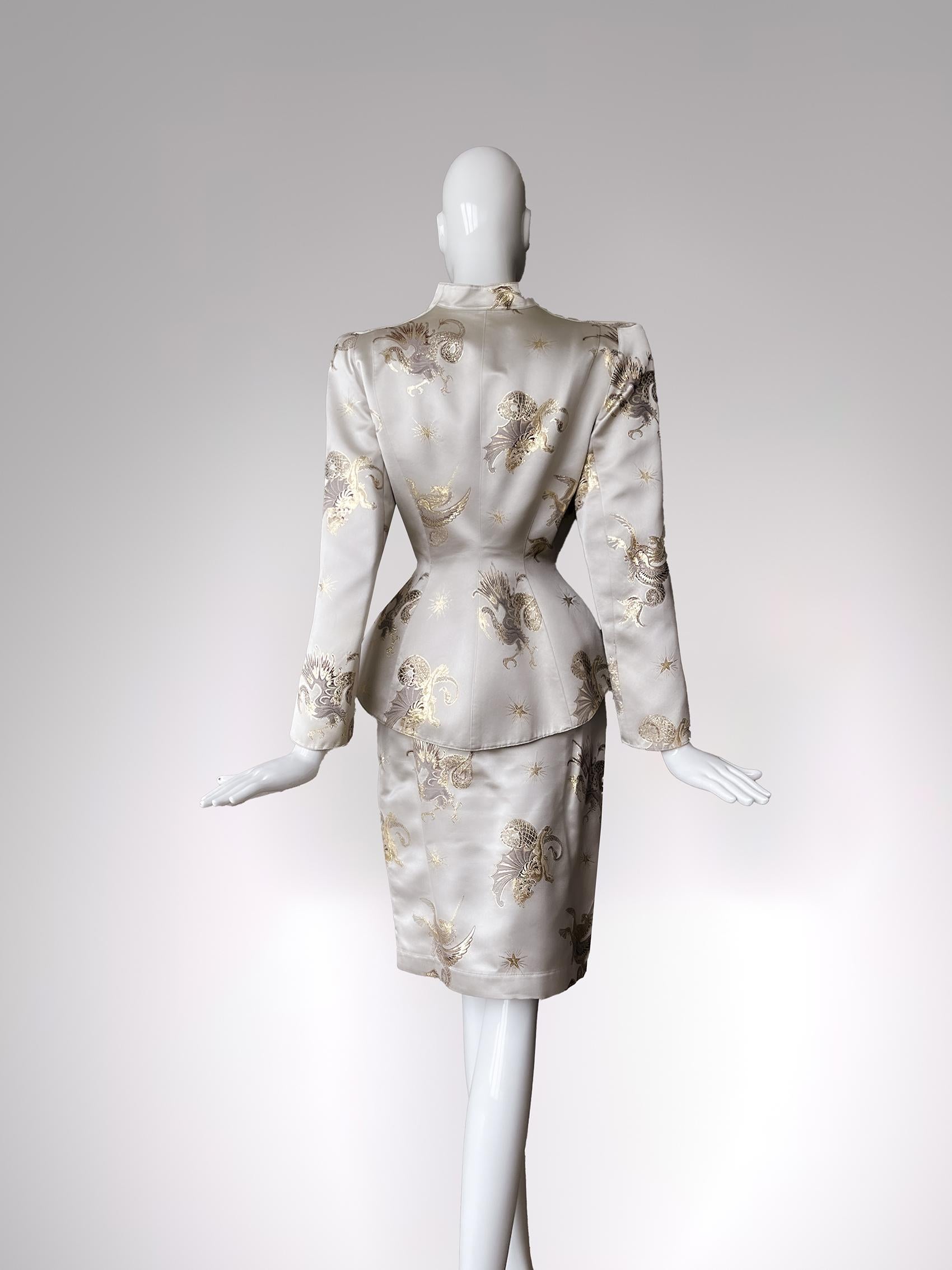 Gray Thierry Mugler Holy Grail FW 1997 Rare Silk Suit Gold Jacket Skirt For Sale