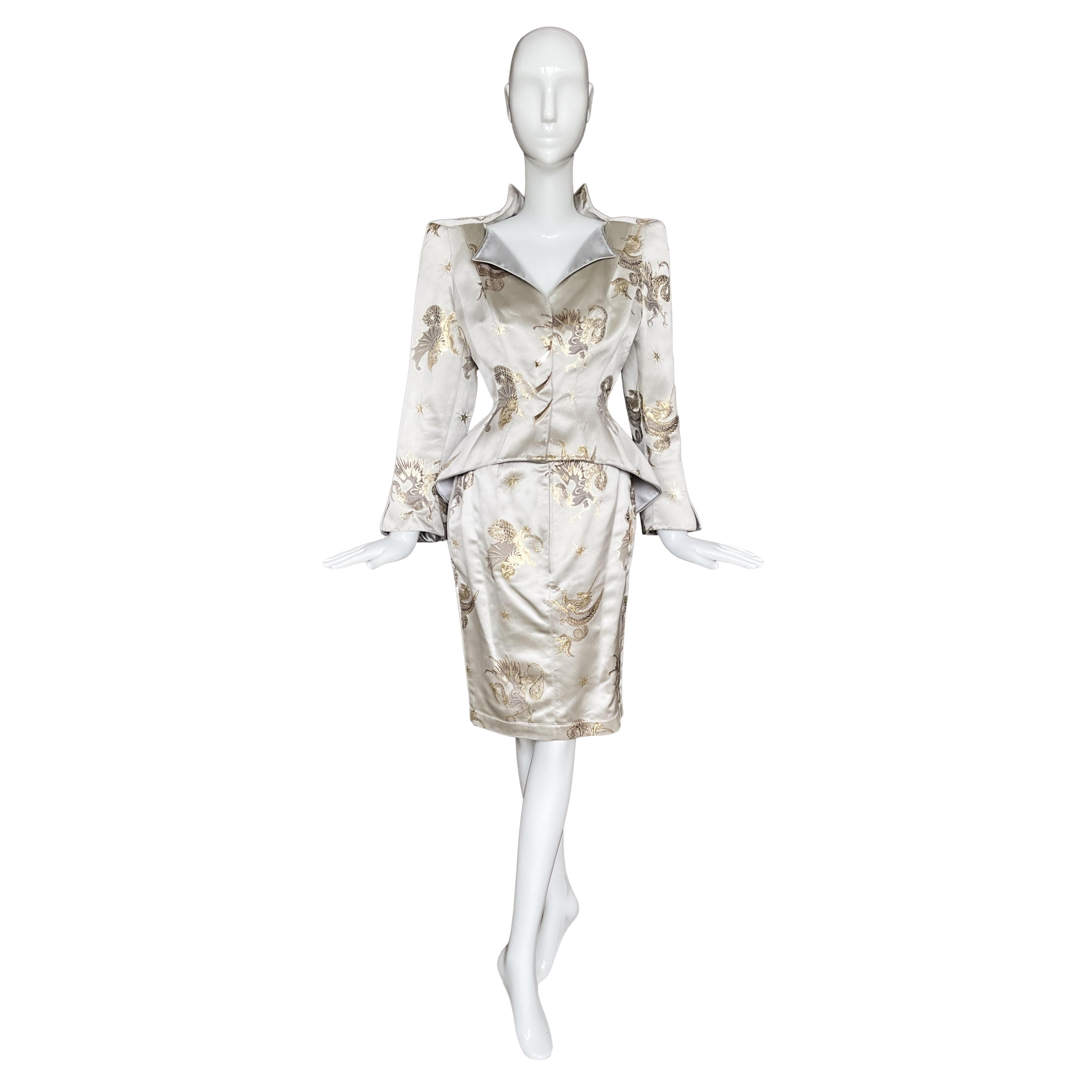 Thierry Mugler Holy Grail FW 1997 Rare Silk Suit Gold Jacket Skirt For Sale