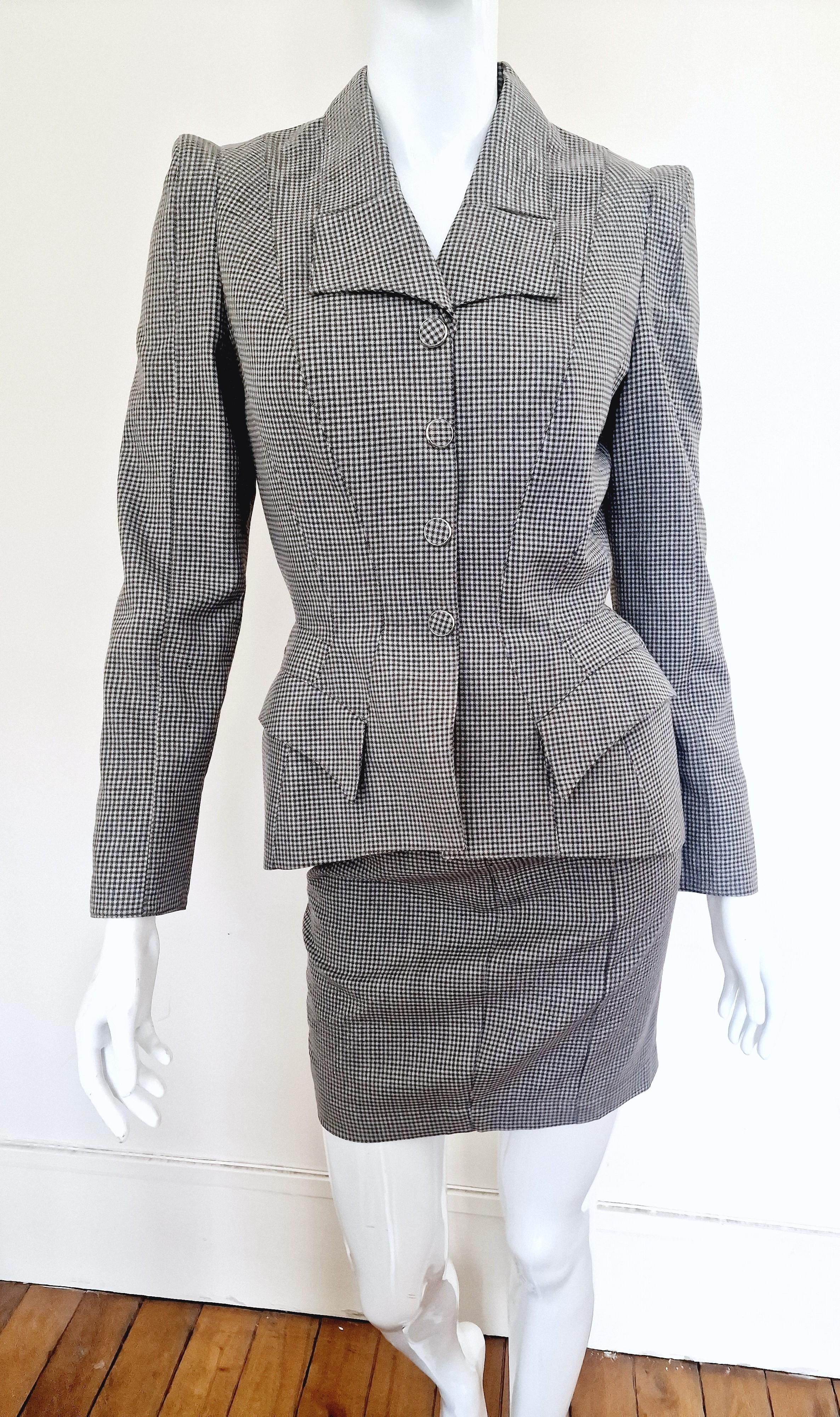 Thierry Mugler Houndstooth Check Evening Vampire XS Dress Set Jacket Skirt Suit For Sale 1