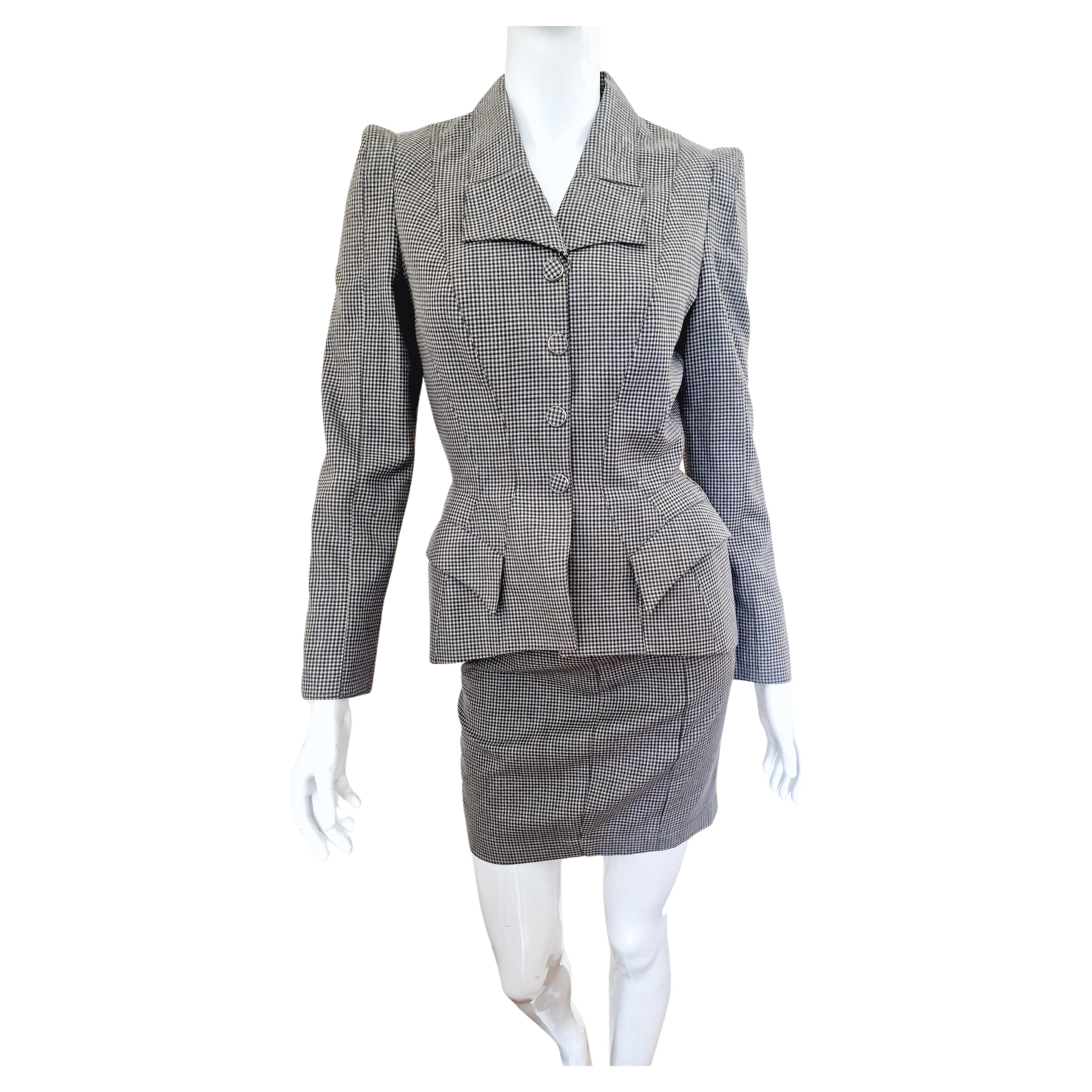 Thierry Mugler Houndstooth Check Evening Vampire XS Dress Set Jacket Skirt Suit For Sale