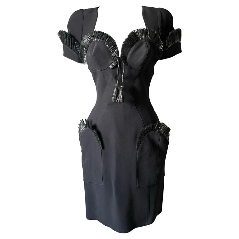 mugler runway dress Vintage 1998 Thierry Mugler Documented Runway Sheer Black Silk Asymmetric  High-Slit Gown