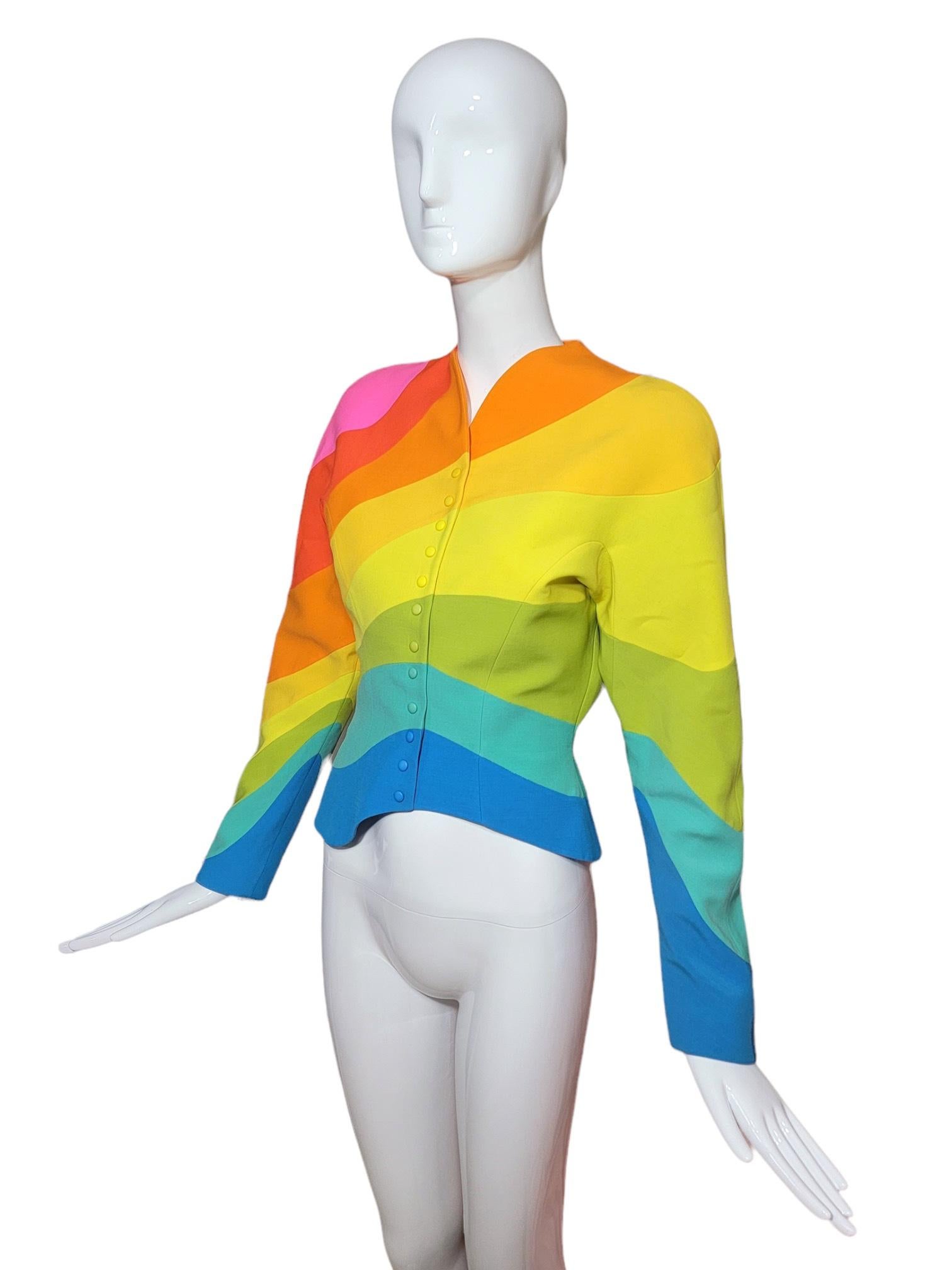 Yellow S/S 1990 Thierry Mugler Iconic Rainbow Structured Runway Jacket  For Sale