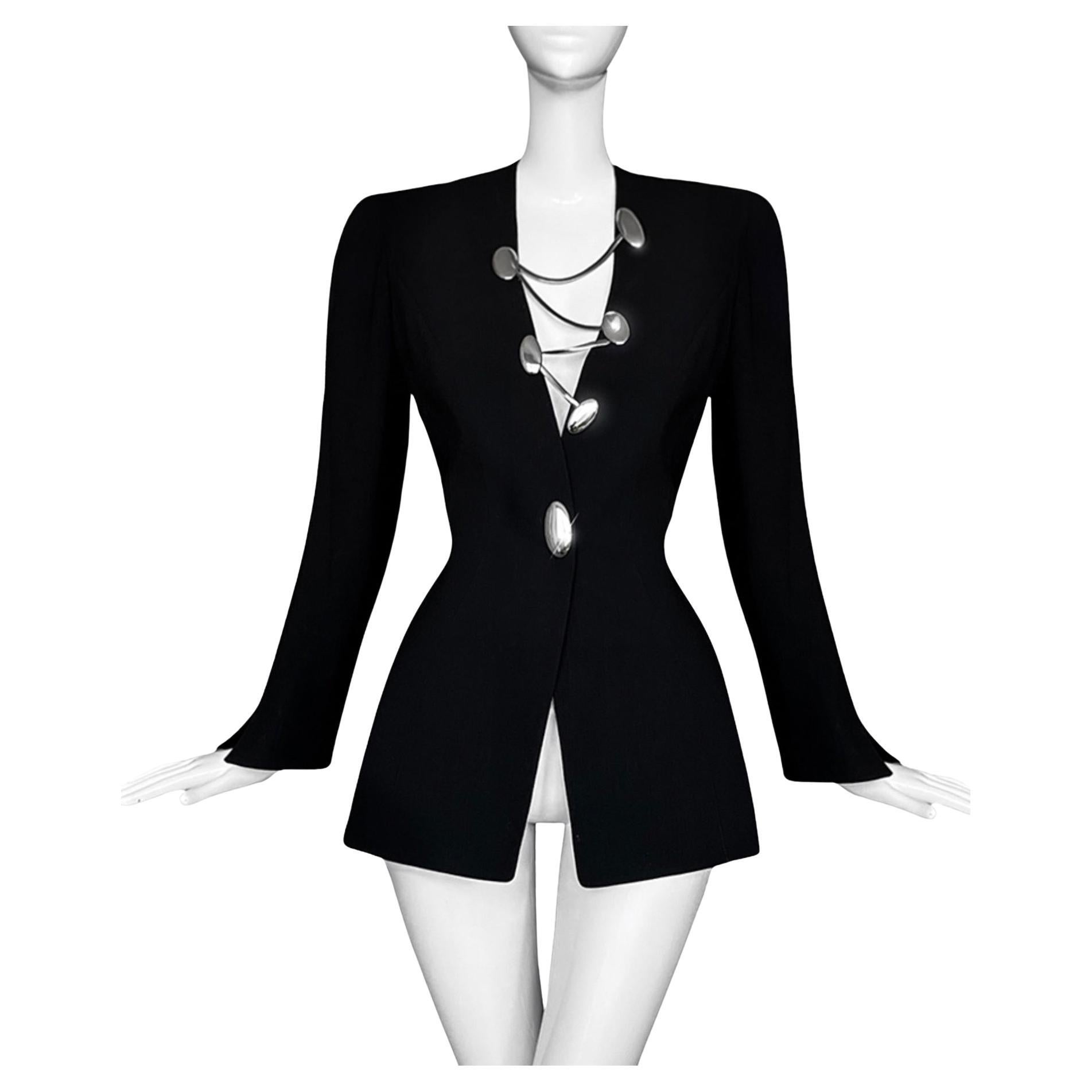 Thierry Mugler Iconic Silver Chrome Metal Chain Black Jacket SS 1999