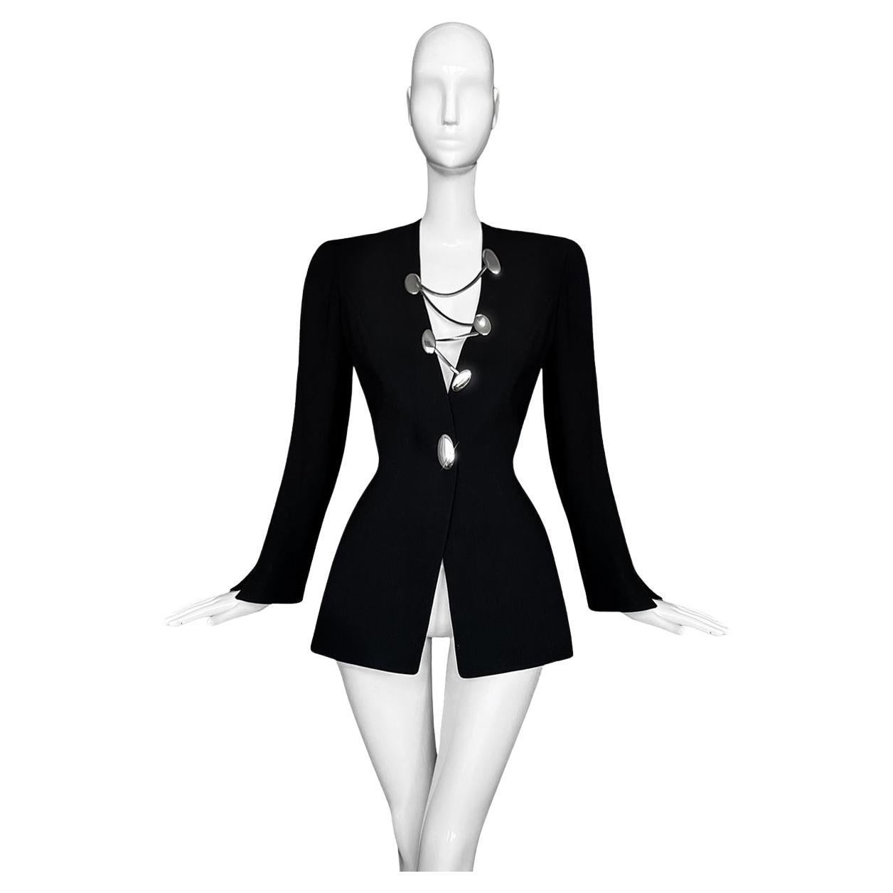 Thierry Mugler Iconic Silver Chrome Metal Chain Black Jacket SS 1999 For Sale