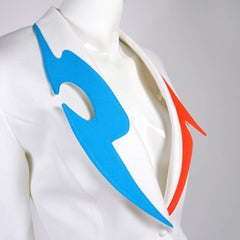 Thierry Mugler Jacket Blazer W Orange & Blue Cutouts in White Pique Heart Button