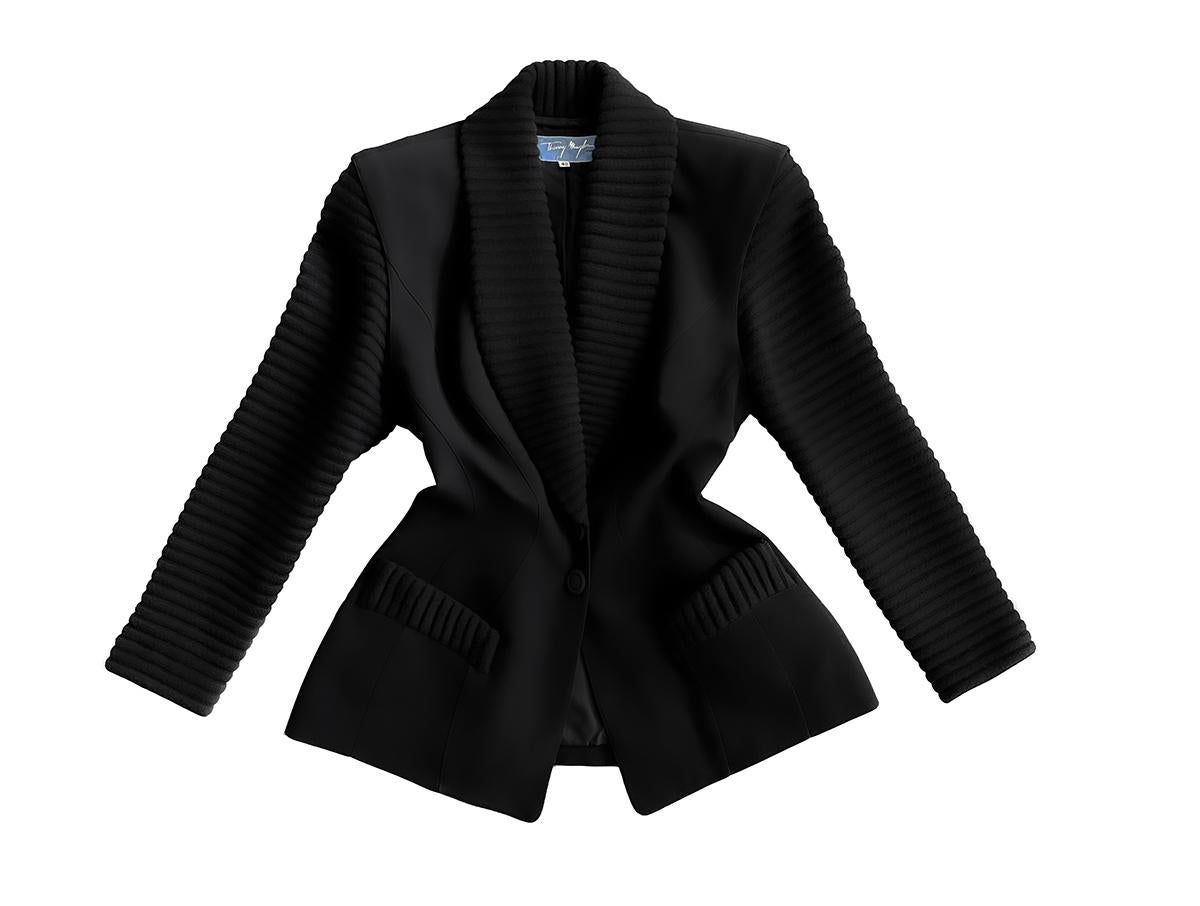 Thierry Mugler Jacket Dramatic Collar Soft Wool Black  In Excellent Condition For Sale In Berlin, BE