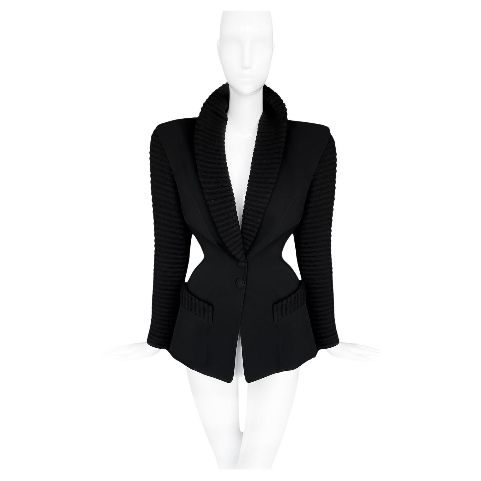 Thierry Mugler Jacket Dramatic Collar Soft Wool Black  For Sale