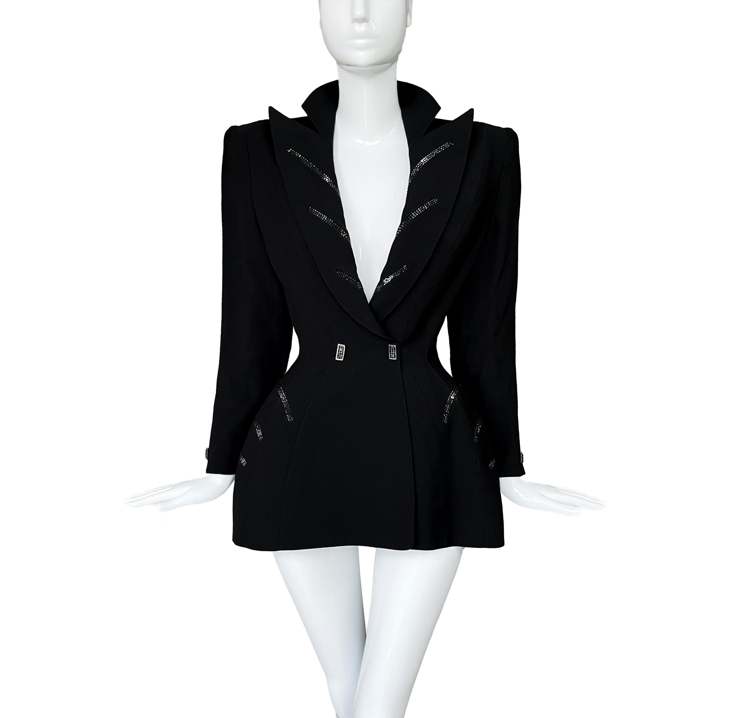 Women's Thierry Mugler Jacket FW 1998 Glamour Dramatic Black Glitter Details For Sale
