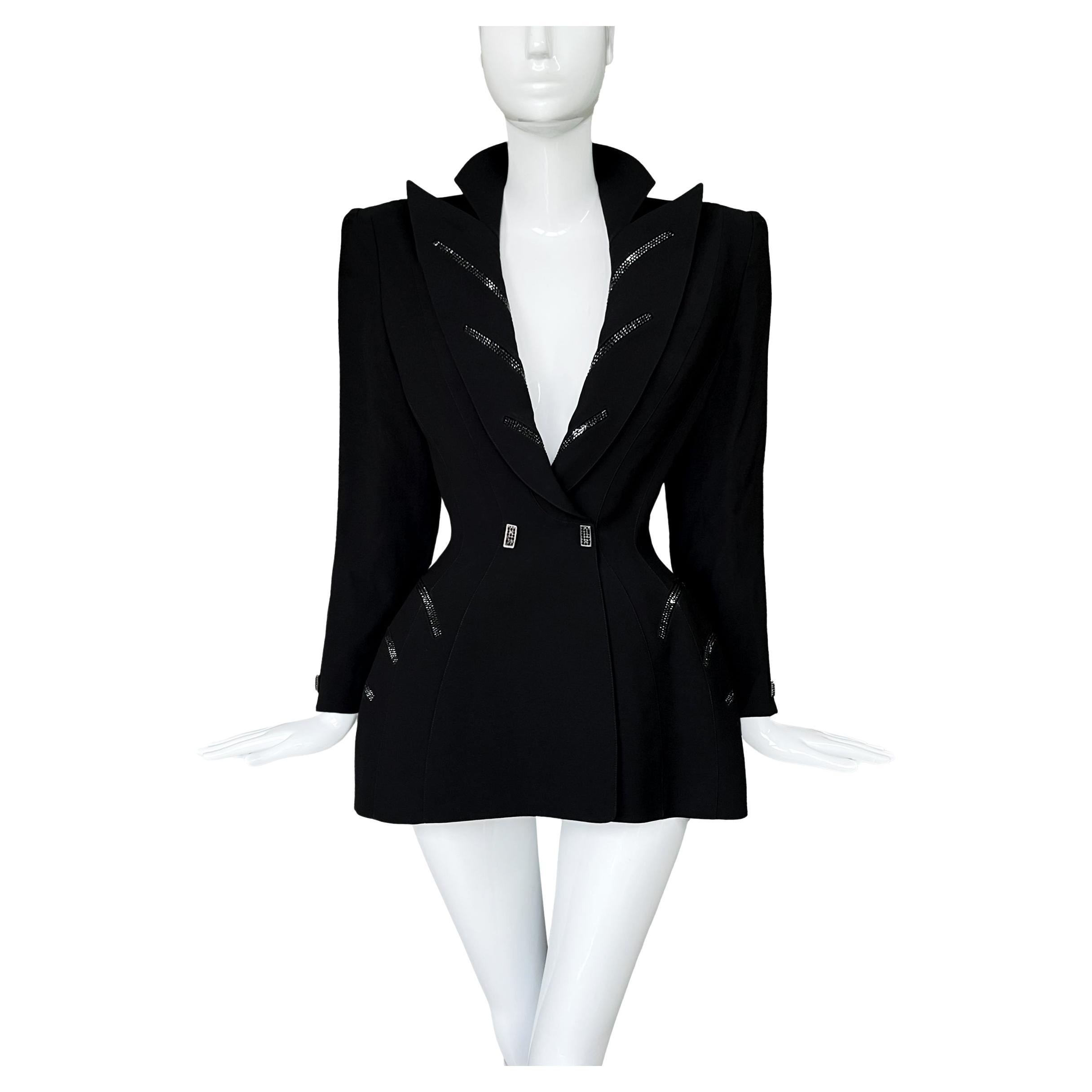 Thierry Mugler Jacket FW 1998 Glamour Dramatic Black Glitter Details For Sale